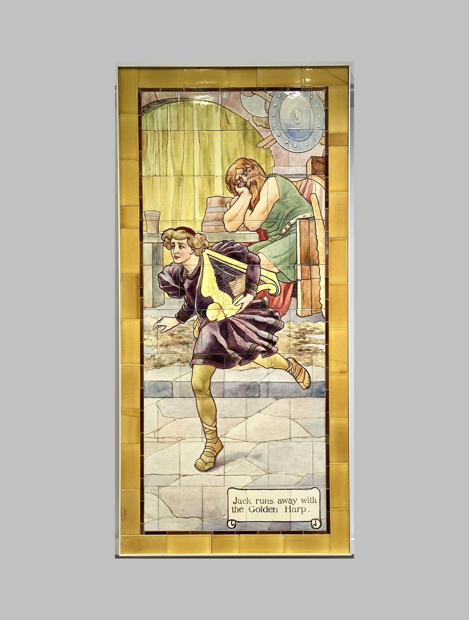 Jack and The Beanstalk nursery rhyme fairy tale scene painted on Doulton tiles (commissioned around 1900) from the Evelina Children's Hospital displayed in the long corridor of at St Thomas' hospital.