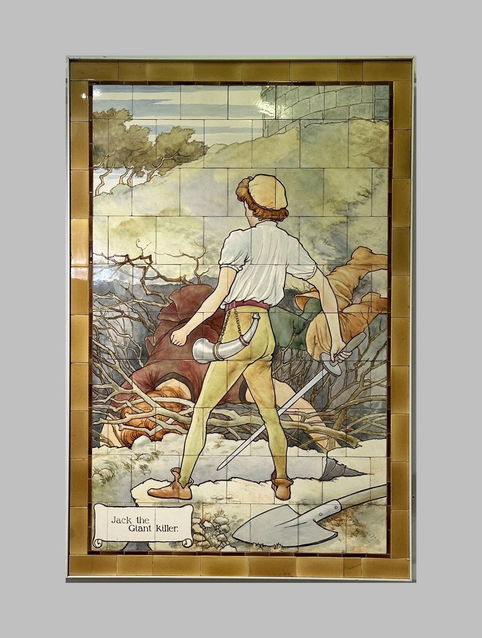 Jack and The Beanstalk nursery rhyme fairy tale scene painted on Doulton tiles (commissioned around 1900) from the Evelina Children's Hospital displayed in the long corridor of at St Thomas' hospital.