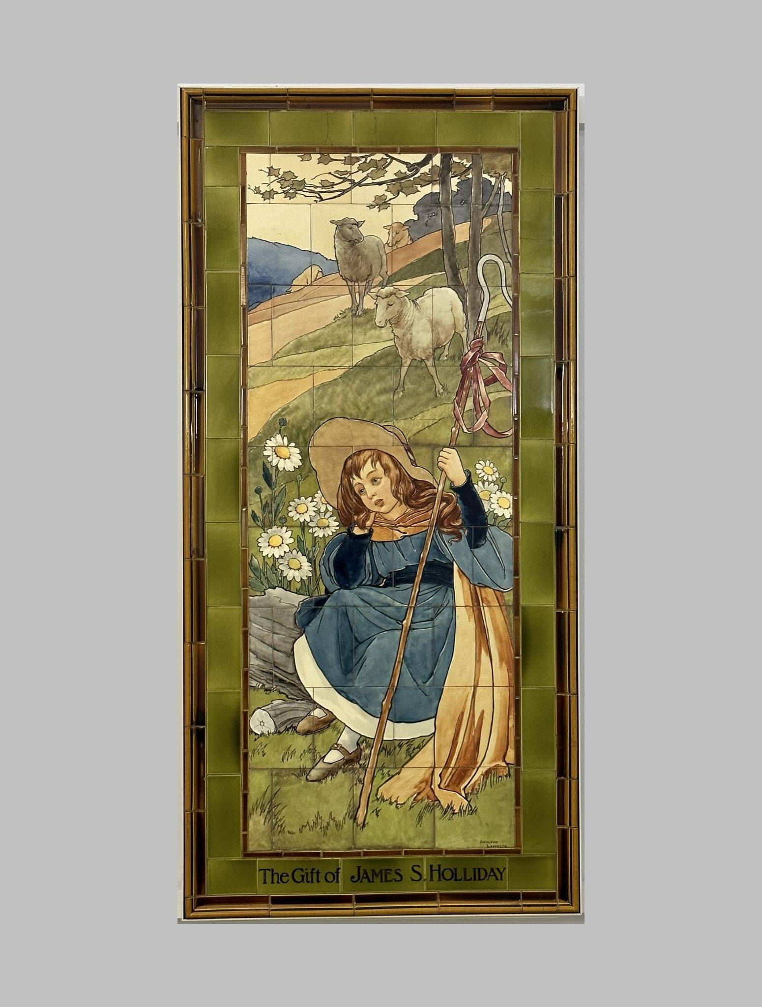 Little Bo Peep nursery rhyme fairy tale scene painted on Doulton tiles (commissioned around 1900) from the Evelina Children's Hospital displayed in the long corridor at St Thomas' hospital.