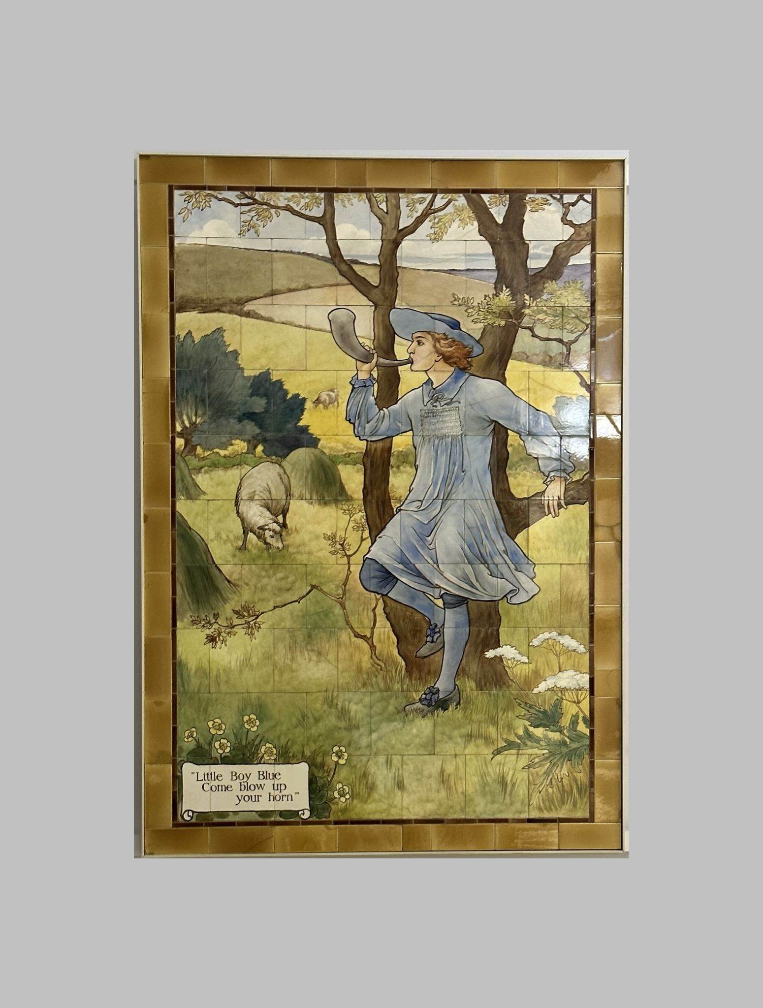 Little Boy Blue nursery rhyme fairy tale scene painted on Doulton tiles (commissioned around 1900) from the Evelina Children's Hospital displayed in the long corridor at St Thomas' hospital.