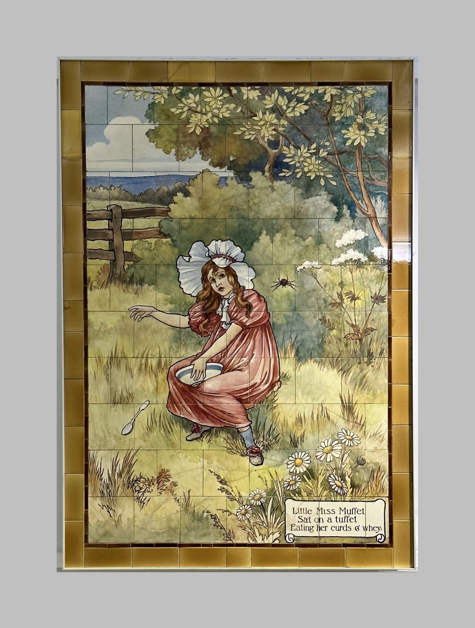 Little Miss Muffet nursery rhyme fairy tale scene painted on Doulton tiles (commissioned around 1900) from the Evelina Children's Hospital displayed in the long corridor at St Thomas' hospital.