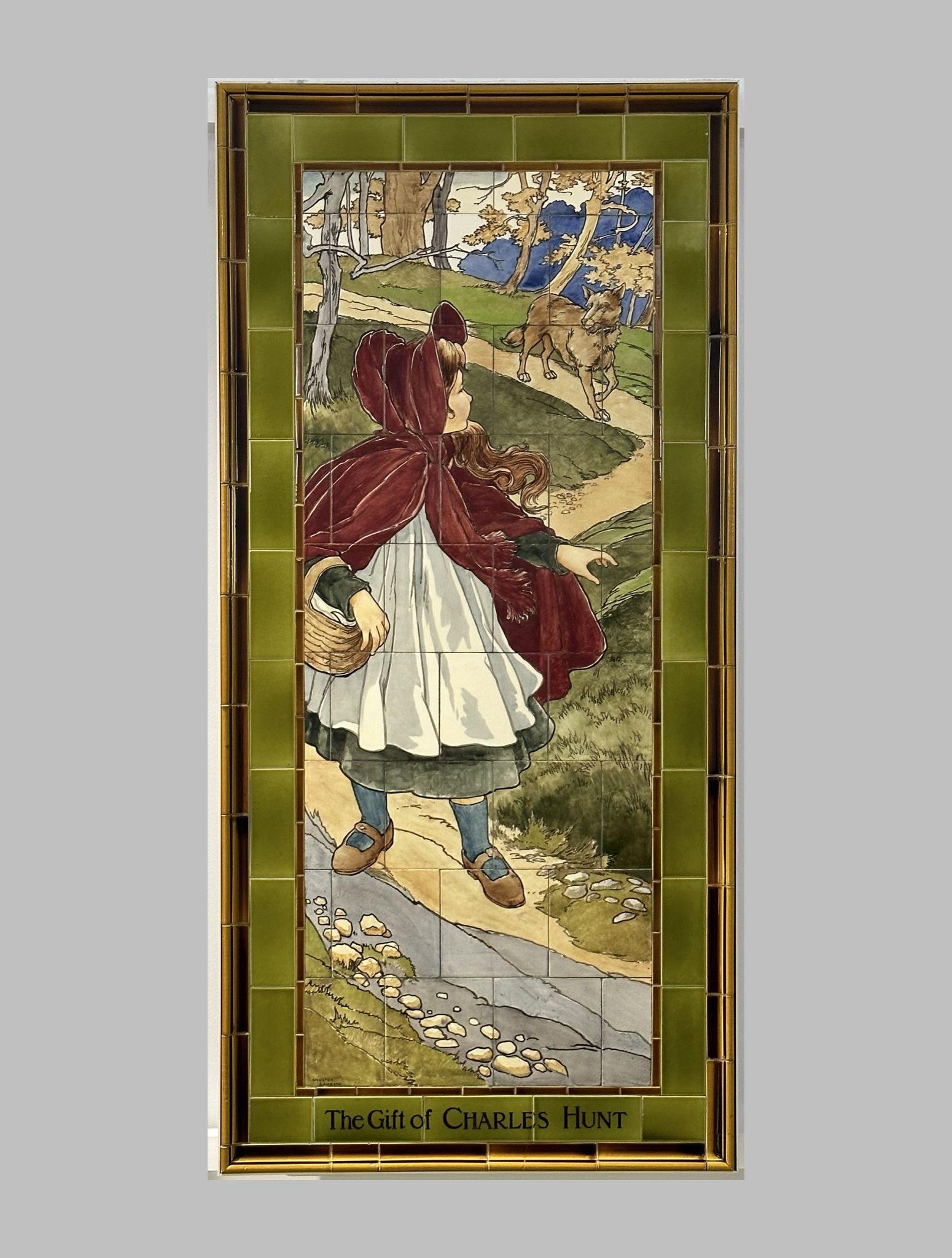 Little Red Riding Hood nursery rhyme fairy tale scene painted on Doulton tiles (commissioned around 1900) from the Evelina Children's Hospital displayed in the long corridor at St Thomas' hospital.