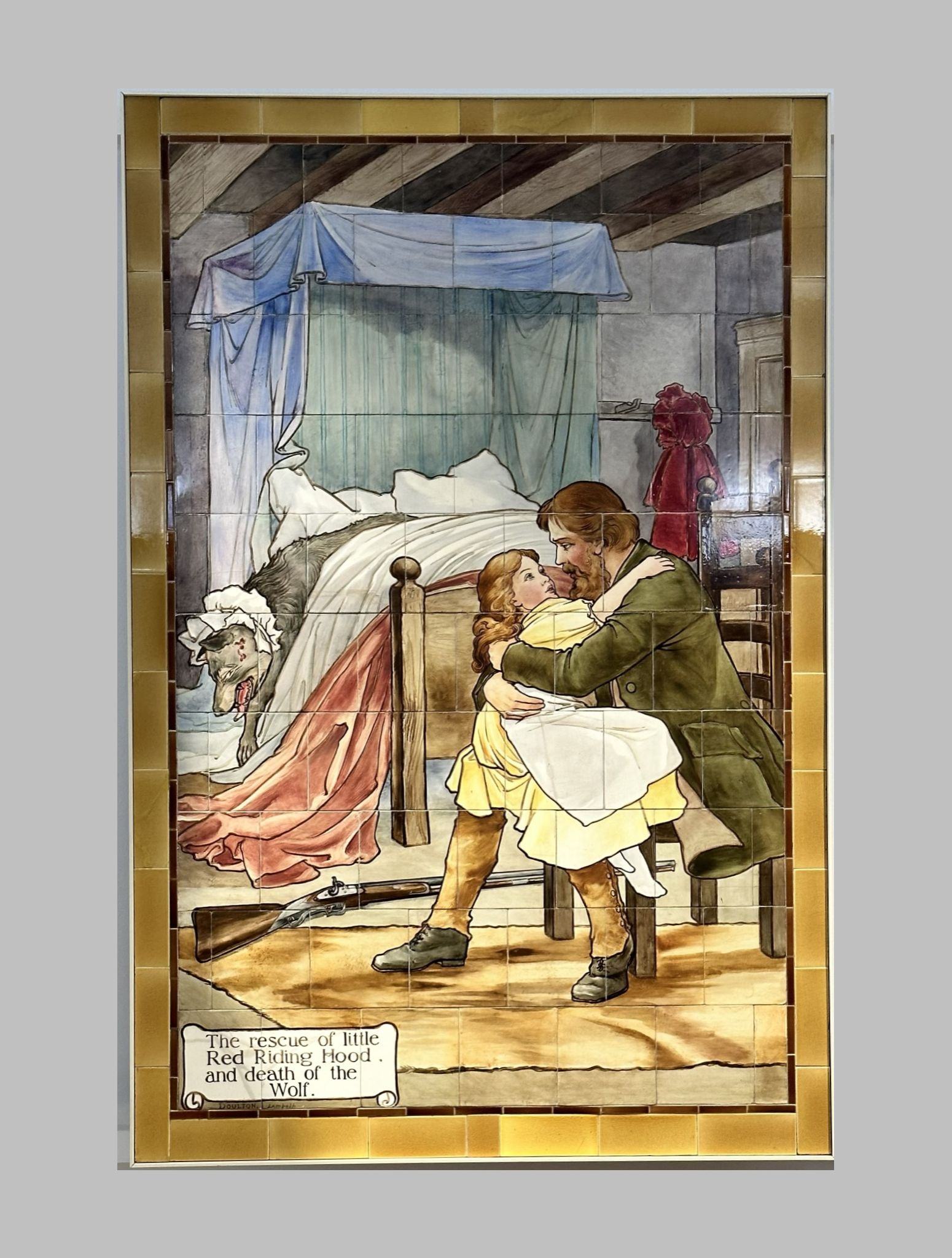 Little Red Riding Hood nursery rhyme fairy tale scene painted on Doulton tiles (commissioned around 1900) from the Evelina Children's Hospital displayed in the long corridor at St Thomas' hospital.