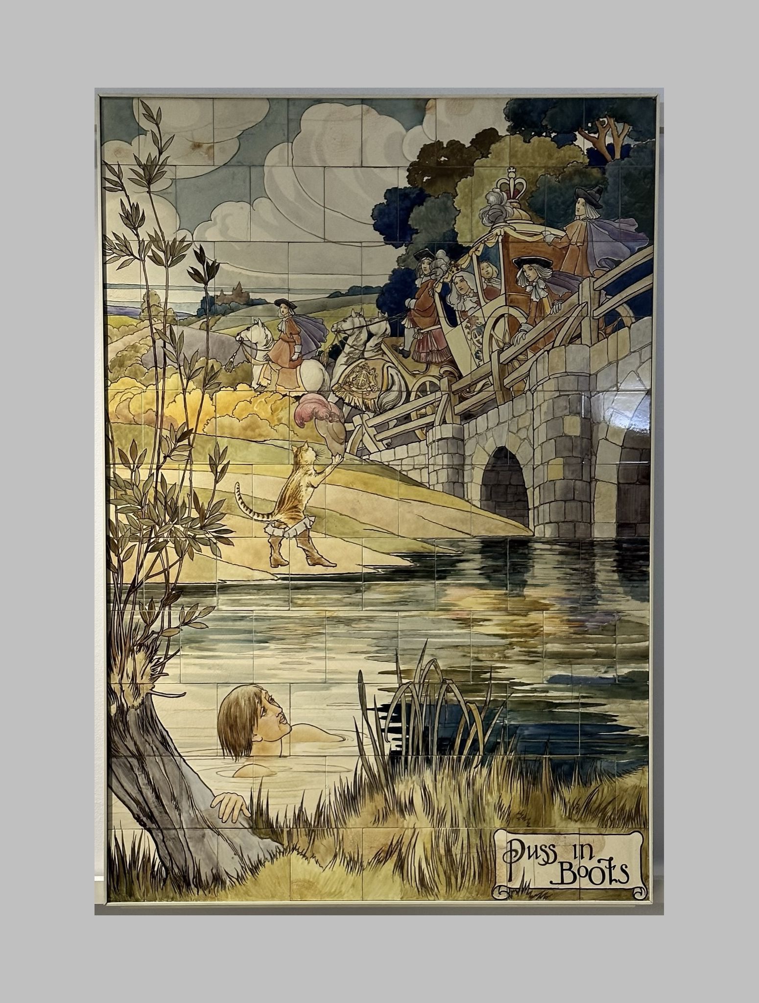 Puss In Boots nursery rhyme fairy tale scene painted on Doulton tiles (commissioned around 1900) from the Evelina Children's Hospital displayed in the long corridor at St Thomas' hospital.