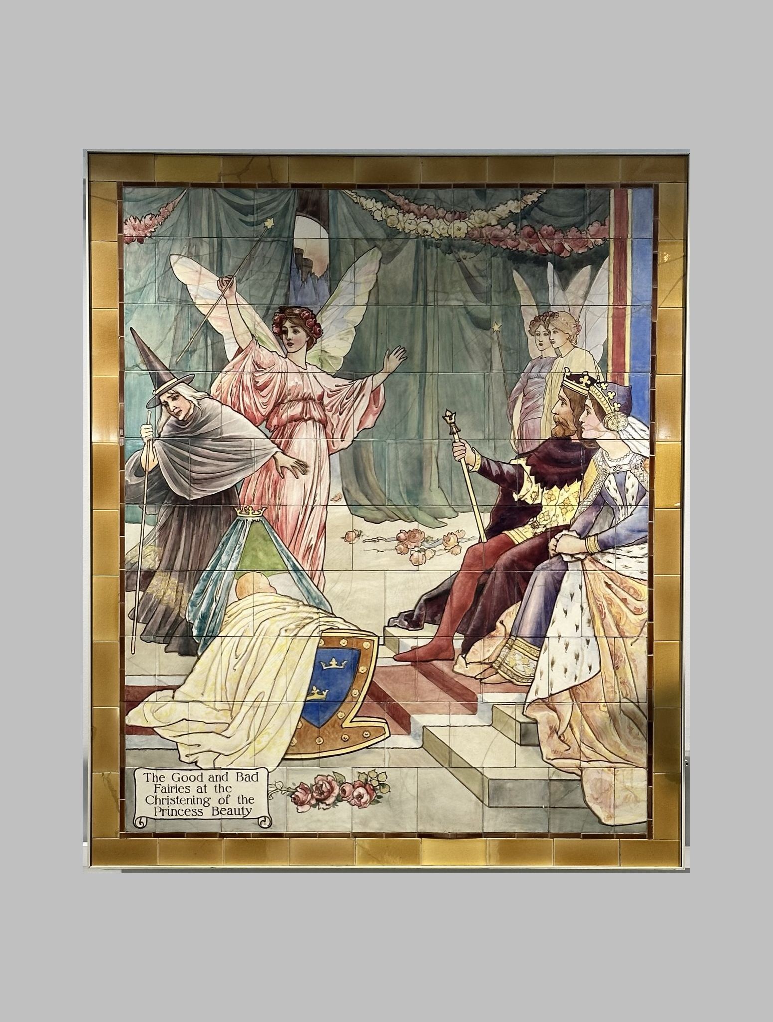 Sleeping Beauty nursery rhyme fairy tale scene painted on Doulton tiles (commissioned around 1900) from the Evelina Children's Hospital displayed in the long corridor at St Thomas' hospital.