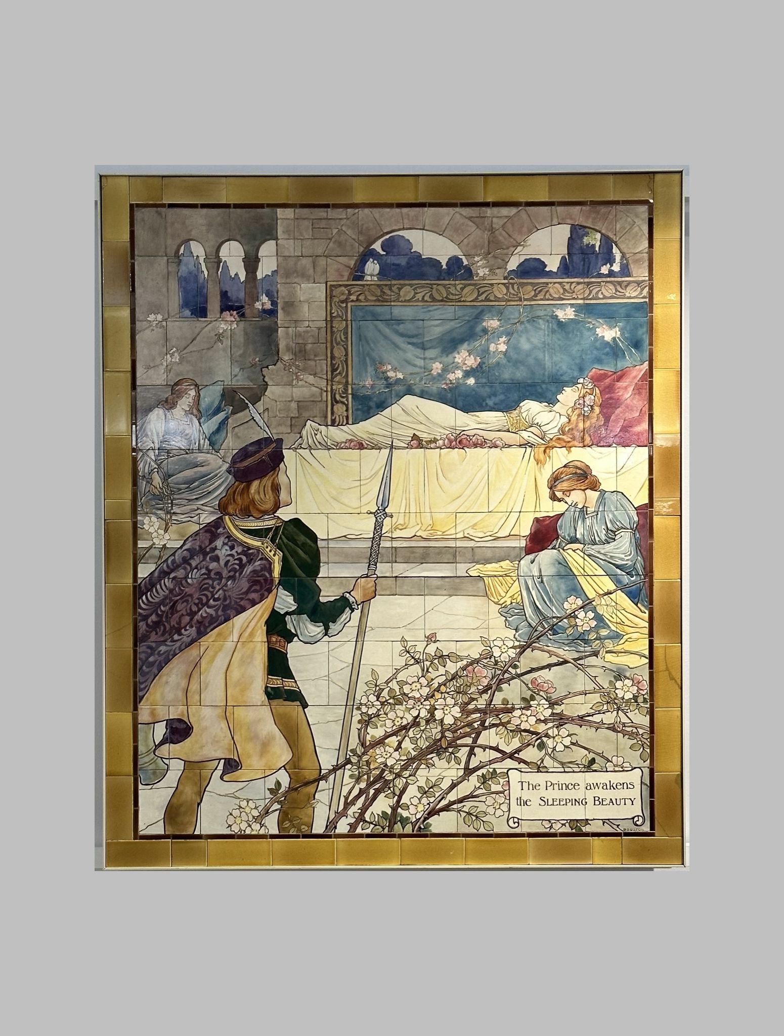 Sleeping Beauty nursery rhyme fairy tale scene painted on Doulton tiles (commissioned around 1900) from the Evelina Children's Hospital displayed in the long corridor at St Thomas' hospital.