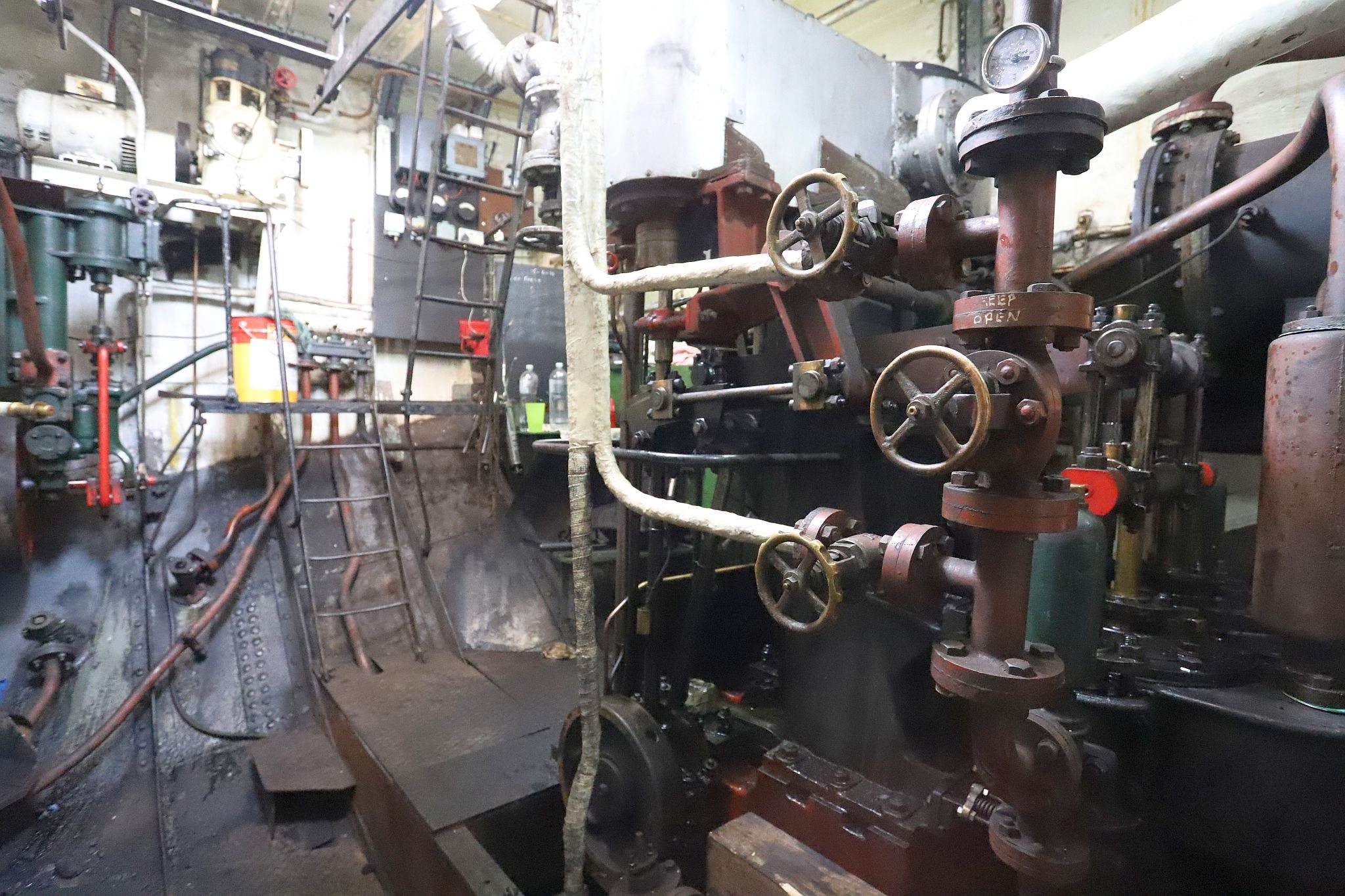 Engine room. Steam powered ship VIC 96 visited central London in June 2023.
