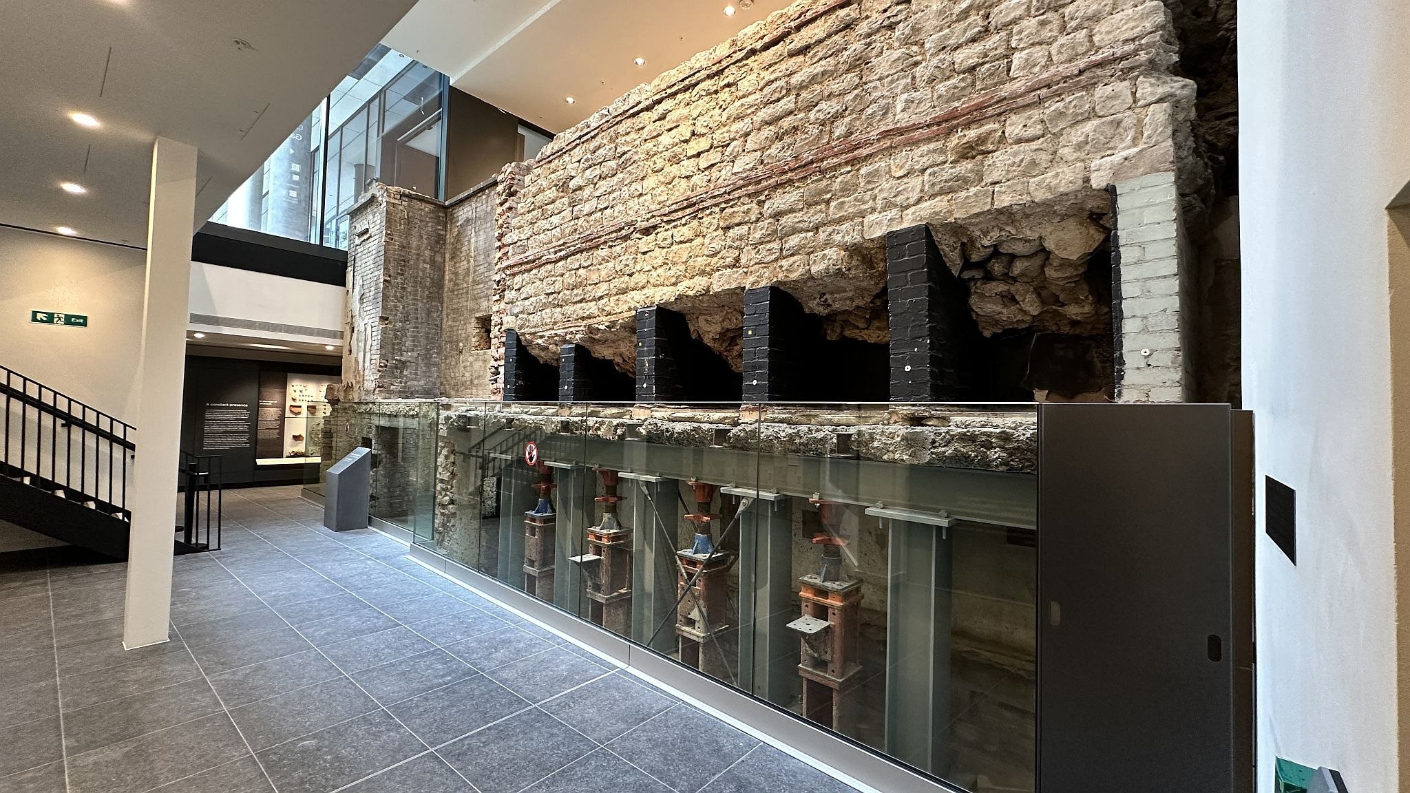 The City Wall at Emperor House, 35 Vine Street, London, EC3N 2PX. Roman wall and bastion on display in a dedicated basement museum which is free to visit. City of London Roman remains and archaeological finds. Picture taken 09-July-2023.