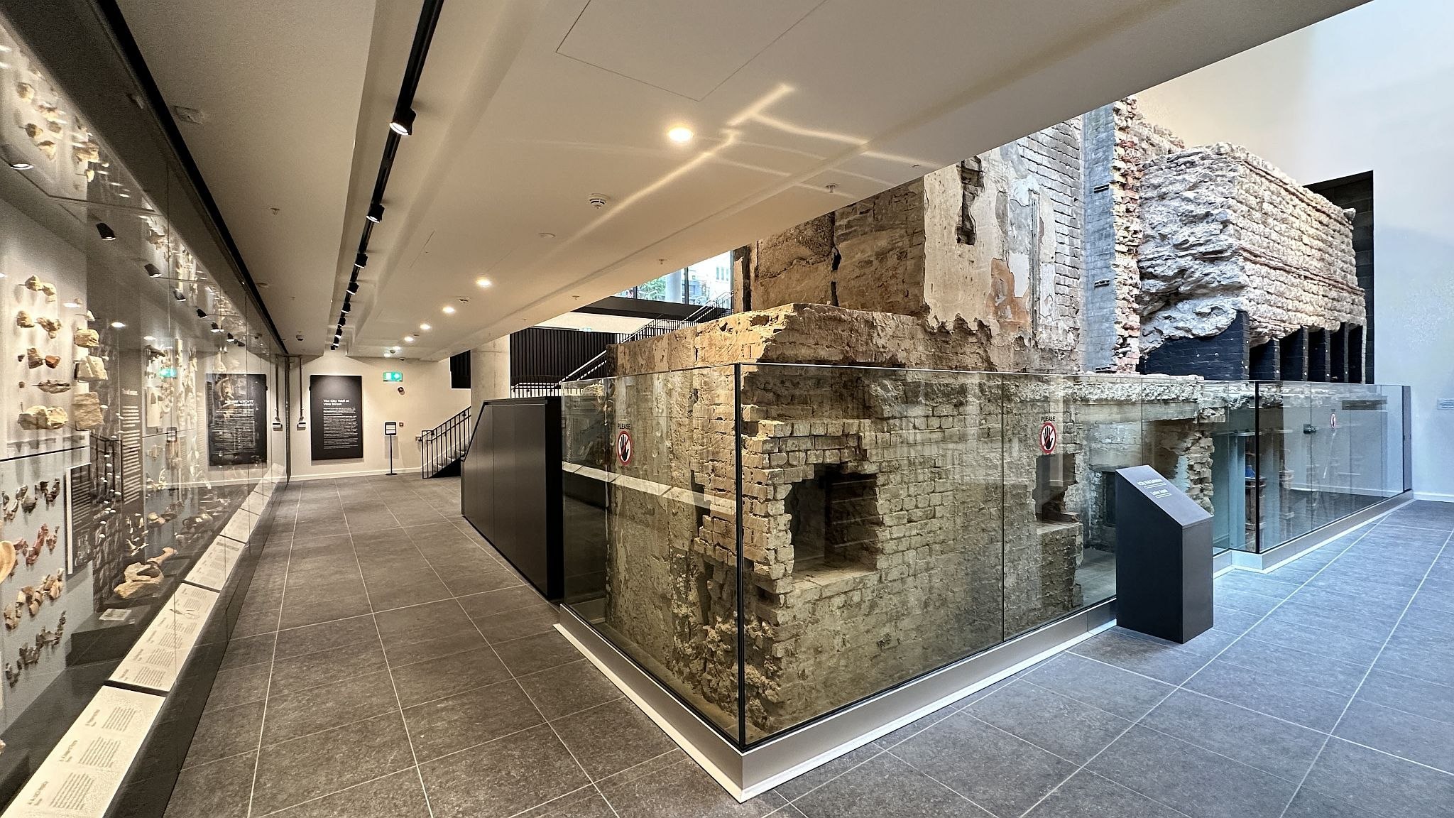 The City Wall at Emperor House, 35 Vine Street, London, EC3N 2PX. Roman wall and bastion on display in a dedicated basement museum which is free to visit. City of London Roman remains and archaeological finds. Picture taken 09-July-2023.