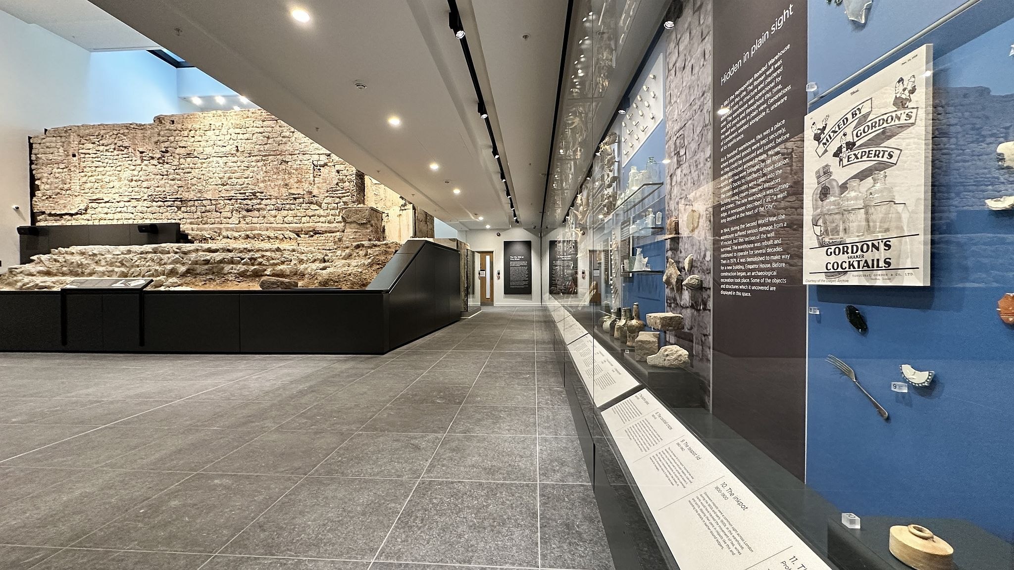 The City Wall at Emperor House, 35 Vine Street, London, EC3N 2PX. Roman wall and bastion on display in a dedicated basement museum which is free to visit. City of London Roman remains and archaeological finds. Picture taken 09-July-2023.