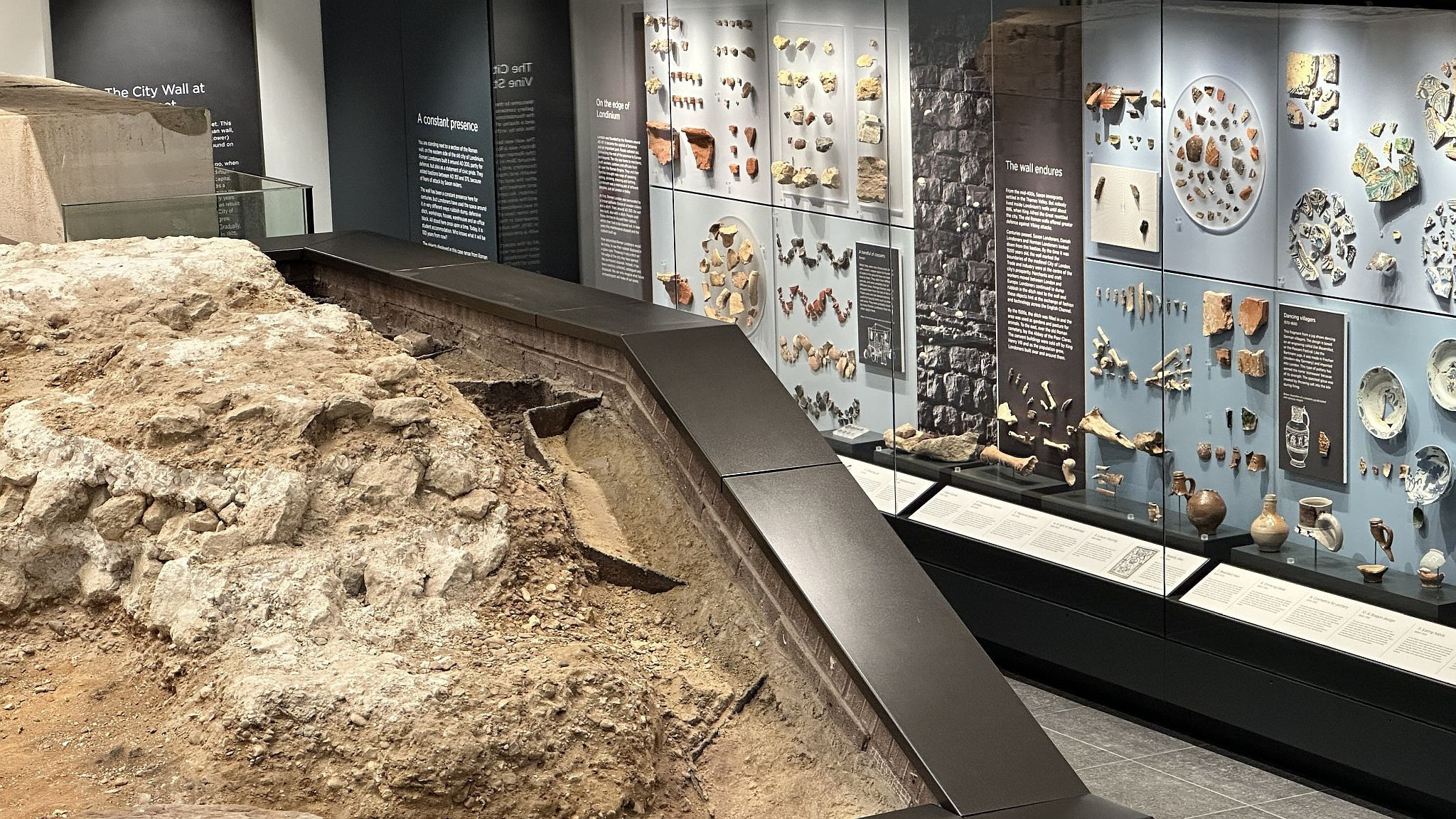 The City Wall at Emperor House, 35 Vine Street, London, EC3N 2PX. Roman wall and bastion on display in a dedicated basement museum which is free to visit. City of London Roman remains and archaeological finds. Picture taken 09-July-2023.