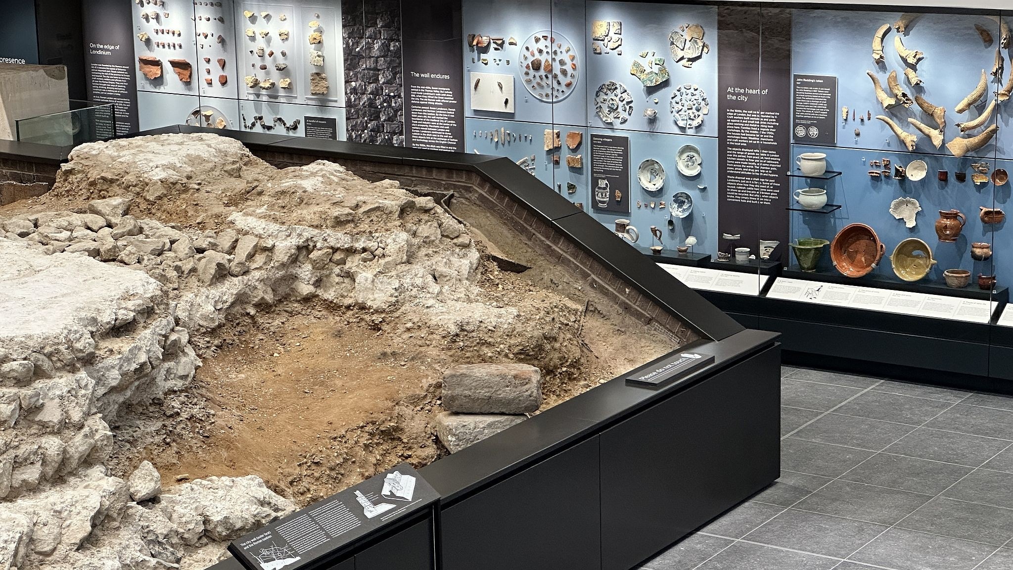 The City Wall at Emperor House, 35 Vine Street, London, EC3N 2PX. Roman wall and bastion on display in a dedicated basement museum which is free to visit. City of London Roman remains and archaeological finds. Picture taken 09-July-2023.