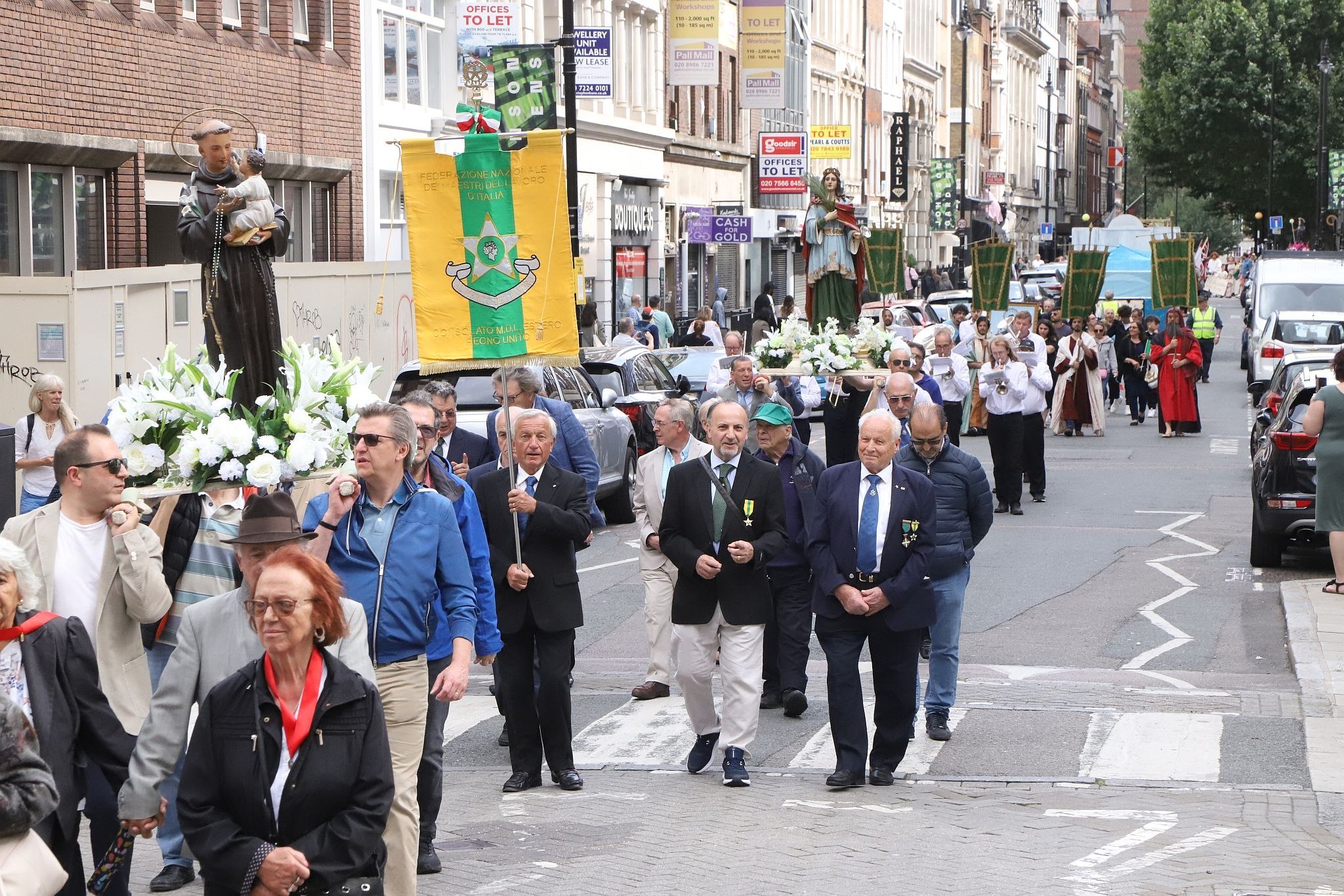 The 2023 annual Procession in Honour of Our Lady of Mount Carmel at St Peter's Italian Church in Clerkenwell, London. 16-Jul-2023.