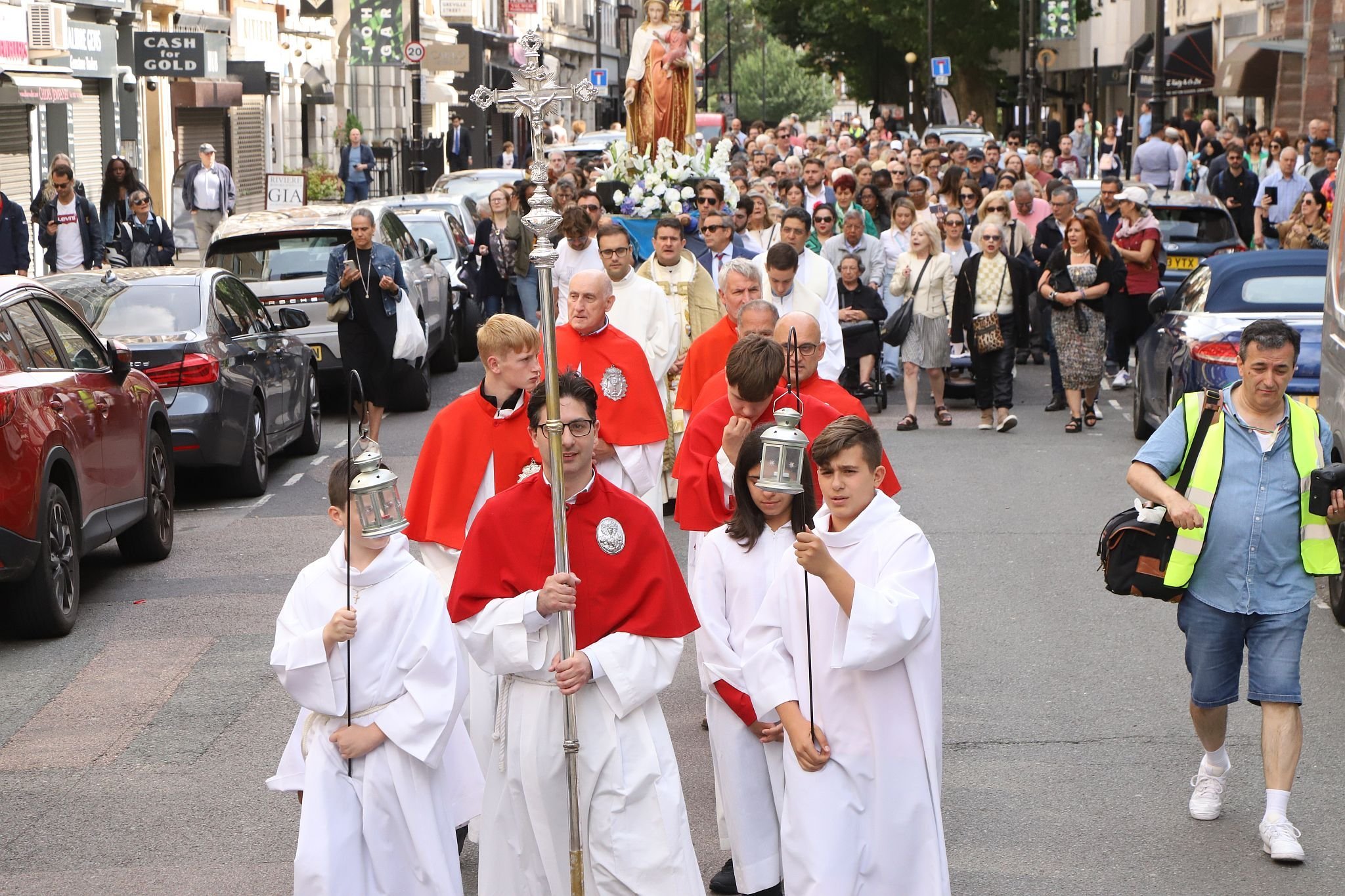 The 2023 annual Procession in Honour of Our Lady of Mount Carmel at St Peter's Italian Church in Clerkenwell, London. 16-Jul-2023.