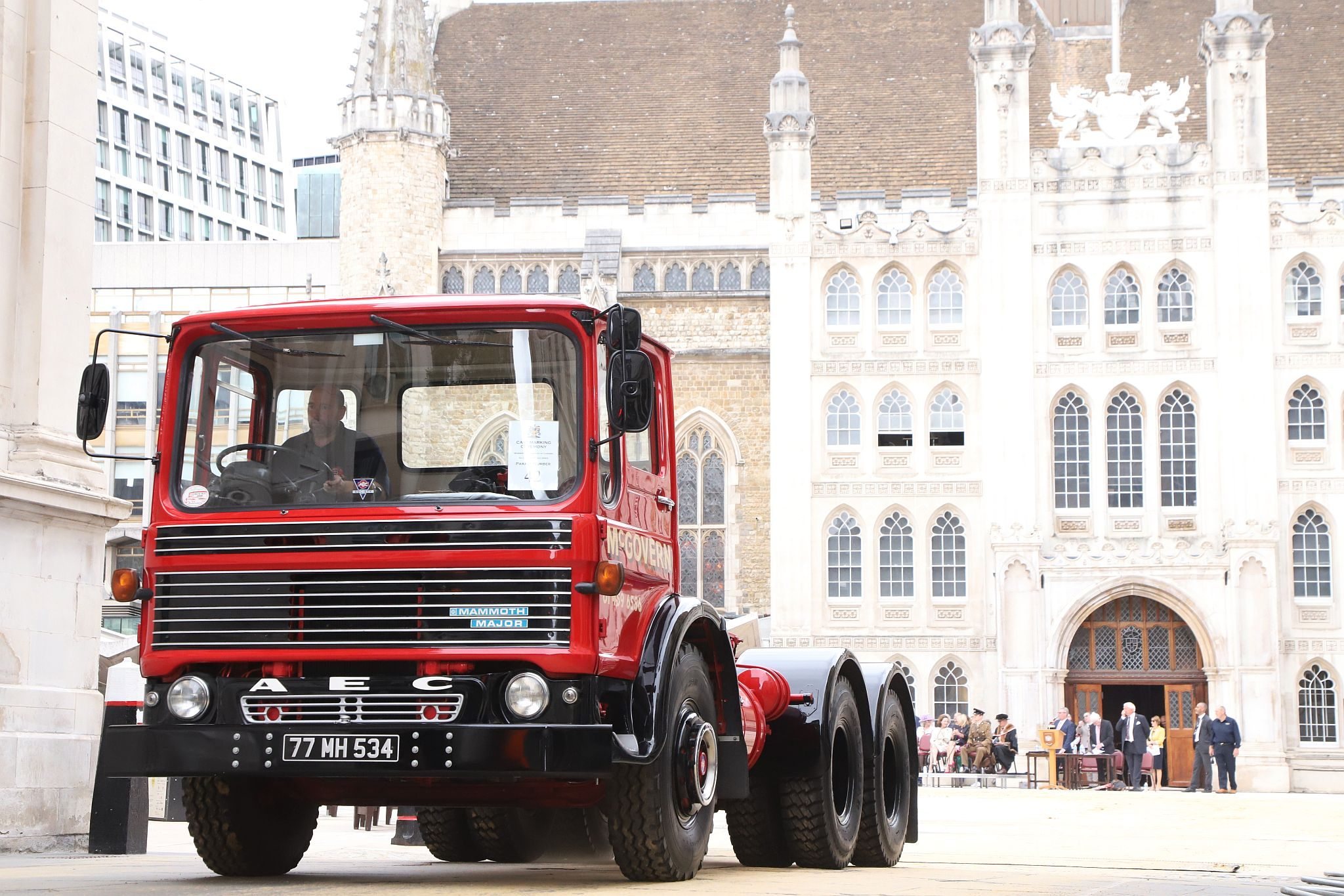 AEC Mammoth Major 1977 77MH534. City of London 2023 Cart Marking in Guildhall Yard on 22-Jul-2023. Hosted by the Worshipful Company of Carmen with the Lord Mayor of the City of London in attendance. Wooden plates on the vehicles are branded with hot irons to allow them to ply for trade in the Square Mile. Another of the City Livery Company's annual ceremonies.