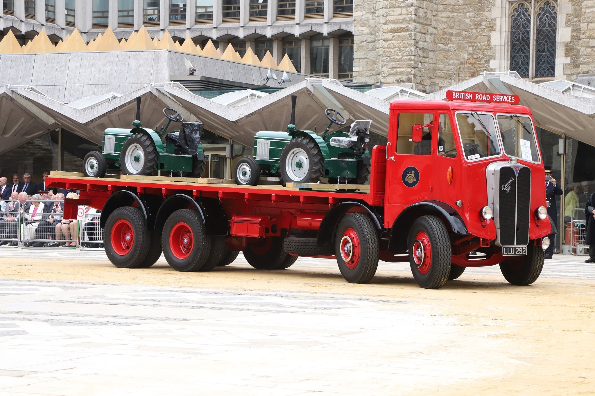 AEC Mammoth Major LLU292. City of London 2023 Cart Marking in Guildhall Yard on 22-Jul-2023. Hosted by the Worshipful Company of Carmen with the Lord Mayor of the City of London in attendance. Wooden plates on the vehicles are branded with hot irons to allow them to ply for trade in the Square Mile. Another of the City Livery Company's annual ceremonies.