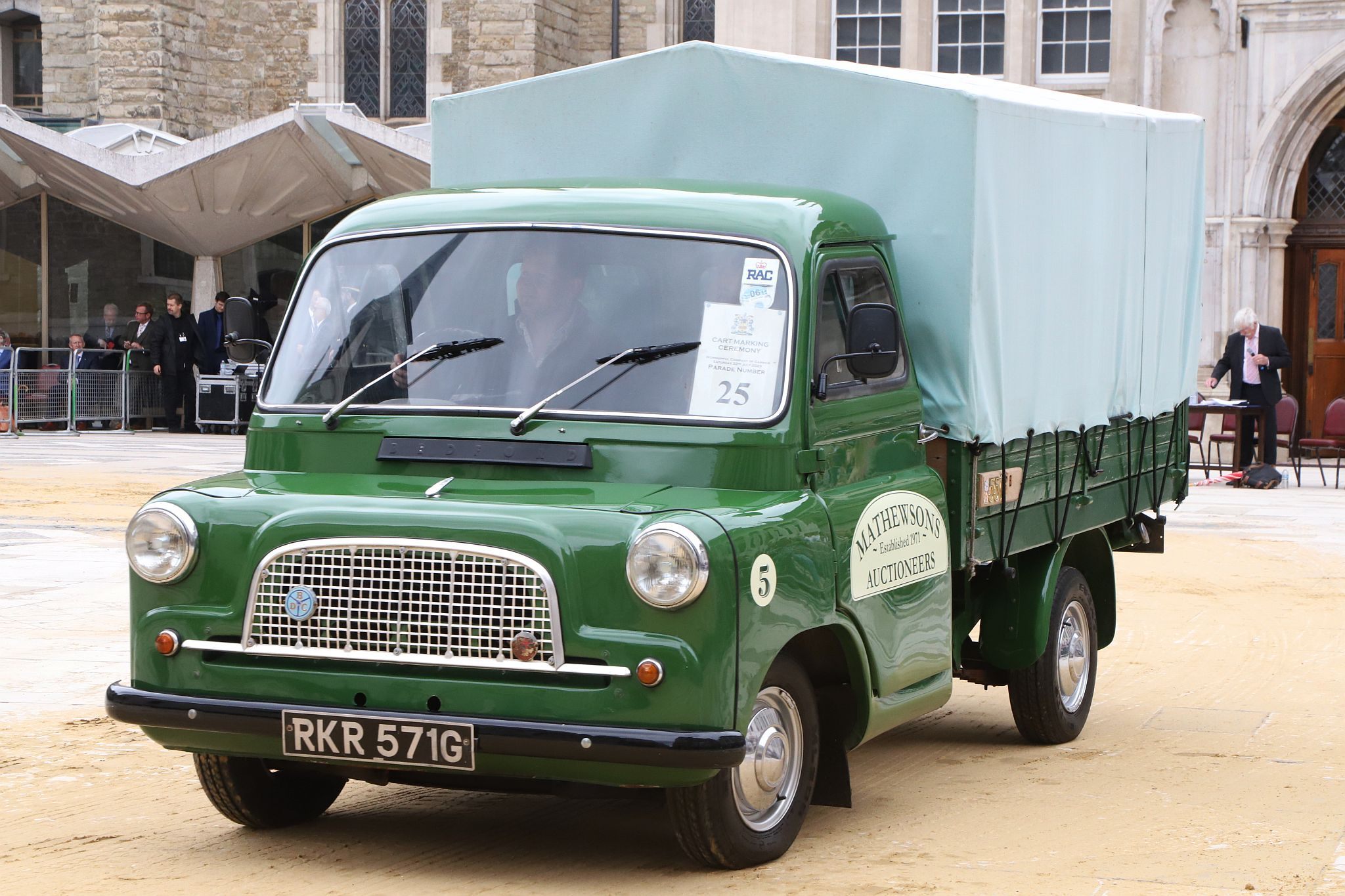 Bedford CA 1968, RKR571G. City of London 2023 Cart Marking in Guildhall Yard on 22-Jul-2023. Hosted by the Worshipful Company of Carmen with the Lord Mayor of the City of London in attendance. Wooden plates on the vehicles are branded with hot irons to allow them to ply for trade in the Square Mile. Another of the City Livery Company's annual ceremonies.