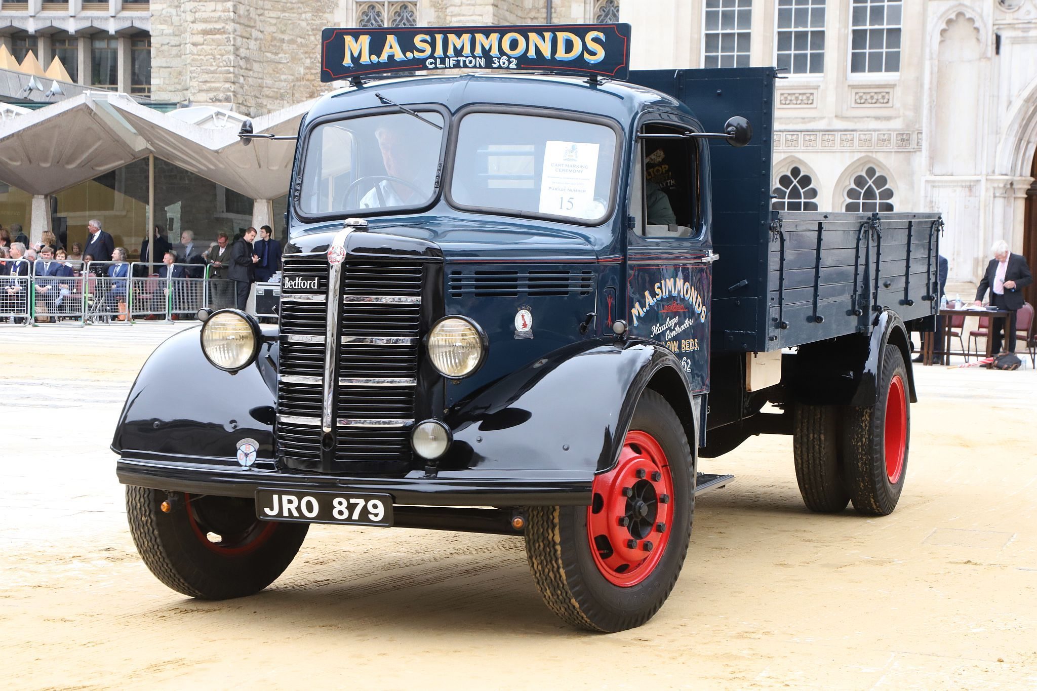 Bedford O Type 1948, JRO879. City of London 2023 Cart Marking in Guildhall Yard on 22-Jul-2023. Hosted by the Worshipful Company of Carmen with the Lord Mayor of the City of London in attendance. Wooden plates on the vehicles are branded with hot irons to allow them to ply for trade in the Square Mile. Another of the City Livery Company's annual ceremonies.