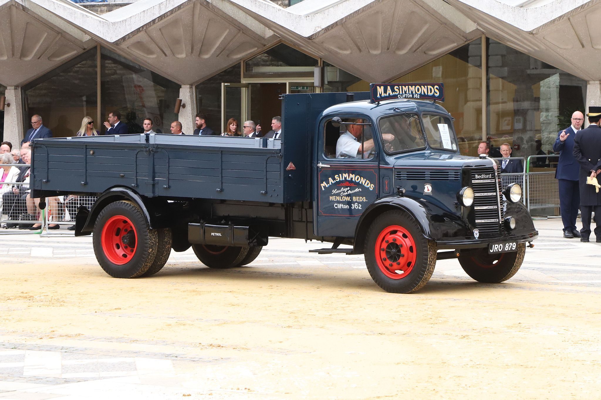 Bedford O Type 1948, JRO879. City of London 2023 Cart Marking in Guildhall Yard on 22-Jul-2023. Hosted by the Worshipful Company of Carmen with the Lord Mayor of the City of London in attendance. Wooden plates on the vehicles are branded with hot irons to allow them to ply for trade in the Square Mile. Another of the City Livery Company's annual ceremonies.