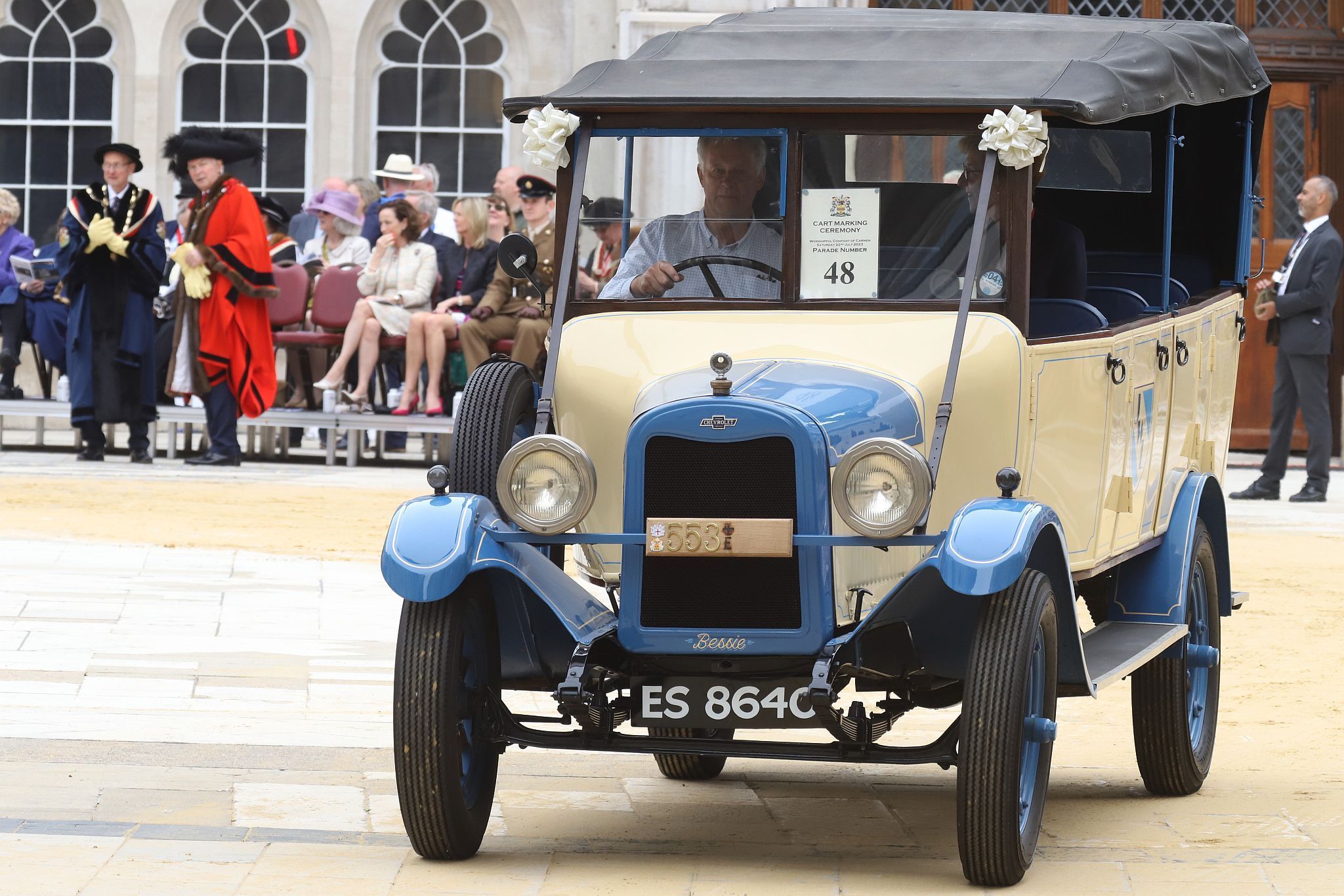 Chevrolet X Type 1926 ES8640. City of London 2023 Cart Marking in Guildhall Yard on 22-Jul-2023. Hosted by the Worshipful Company of Carmen with the Lord Mayor of the City of London in attendance. Wooden plates on the vehicles are branded with hot irons to allow them to ply for trade in the Square Mile. Another of the City Livery Company's annual ceremonies.