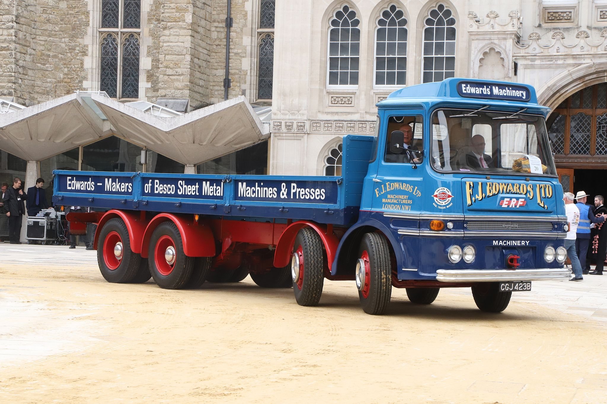 ERF 1964 CGJ423B. City of London 2023 Cart Marking in Guildhall Yard on 22-Jul-2023. Hosted by the Worshipful Company of Carmen with the Lord Mayor of the City of London in attendance. Wooden plates on the vehicles are branded with hot irons to allow them to ply for trade in the Square Mile. Another of the City Livery Company's annual ceremonies.
