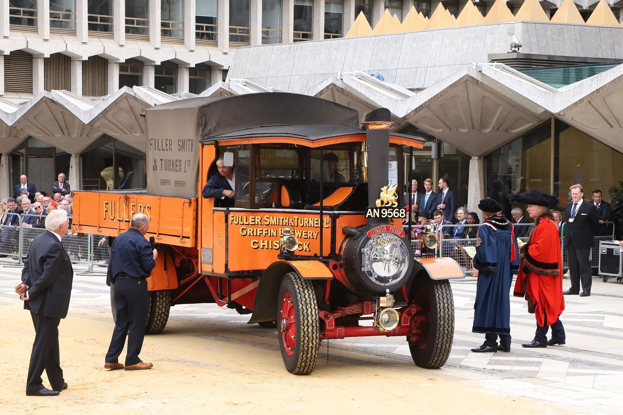 Foden Steam Lorry 1928, AN9568. City of London 2023 Cart Marking in Guildhall Yard on 22-Jul-2023. Hosted by the Worshipful Company of Carmen with the Lord Mayor of the City of London in attendance. Wooden plates on the vehicles are branded with hot irons to allow them to ply for trade in the Square Mile. Another of the City Livery Company's annual ceremonies.