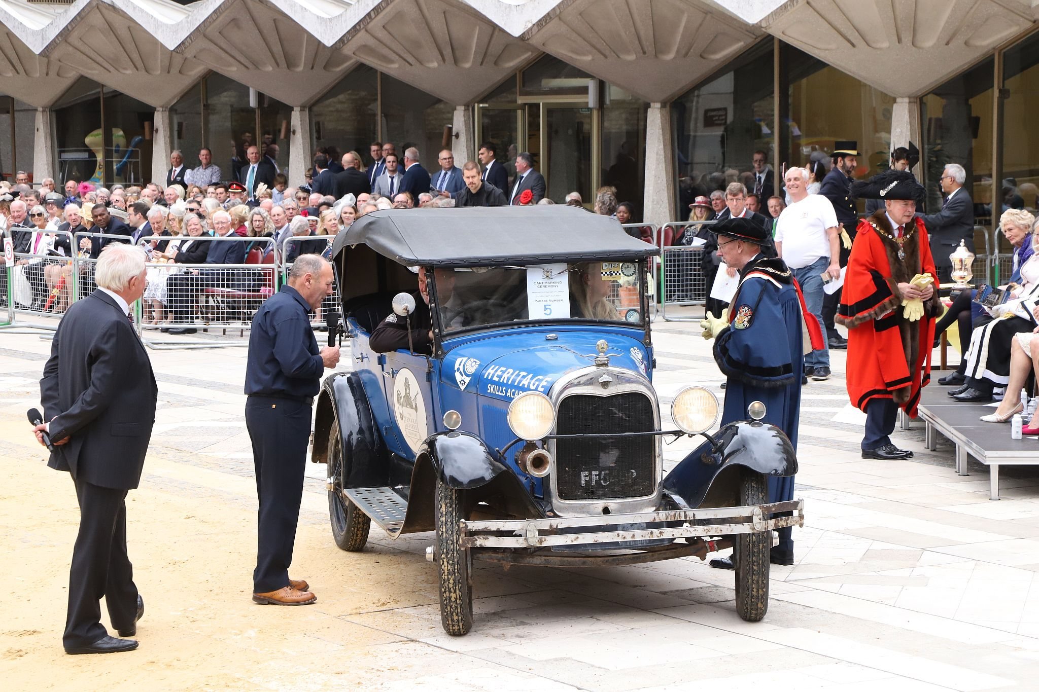 Ford Model A FF549P. City of London 2023 Cart Marking in Guildhall Yard on 22-Jul-2023. Hosted by the Worshipful Company of Carmen with the Lord Mayor of the City of London in attendance. Wooden plates on the vehicles are branded with hot irons to allow them to ply for trade in the Square Mile. Another of the City Livery Company's annual ceremonies.