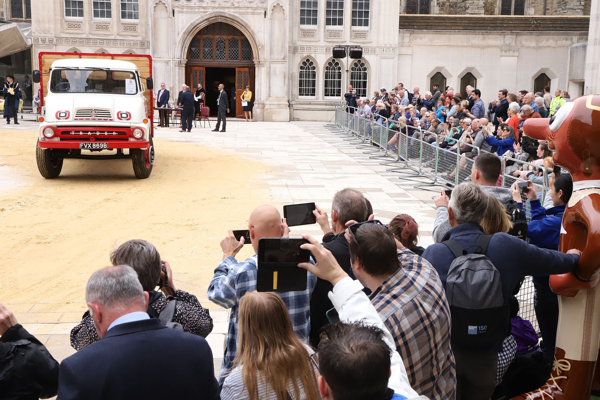 Ford Thames Trader 1964 FVX869B. City of London 2023 Cart Marking in Guildhall Yard on 22-Jul-2023. Hosted by the Worshipful Company of Carmen with the Lord Mayor of the City of London in attendance. Wooden plates on the vehicles are branded with hot irons to allow them to ply for trade in the Square Mile. Another of the City Livery Company's annual ceremonies.