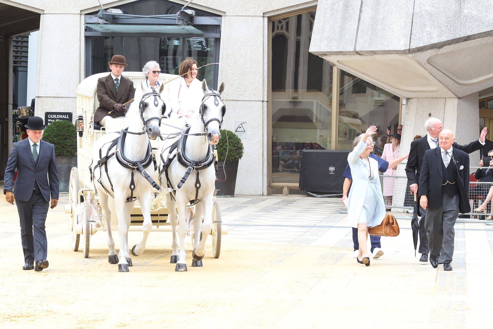 Horse drawn Ambulance. City of London 2023 Cart Marking in Guildhall Yard on 22-Jul-2023. Hosted by the Worshipful Company of Carmen with the Lord Mayor of the City of London in attendance. Wooden plates on the vehicles are branded with hot irons to allow them to ply for trade in the Square Mile. Another of the City Livery Company's annual ceremonies.