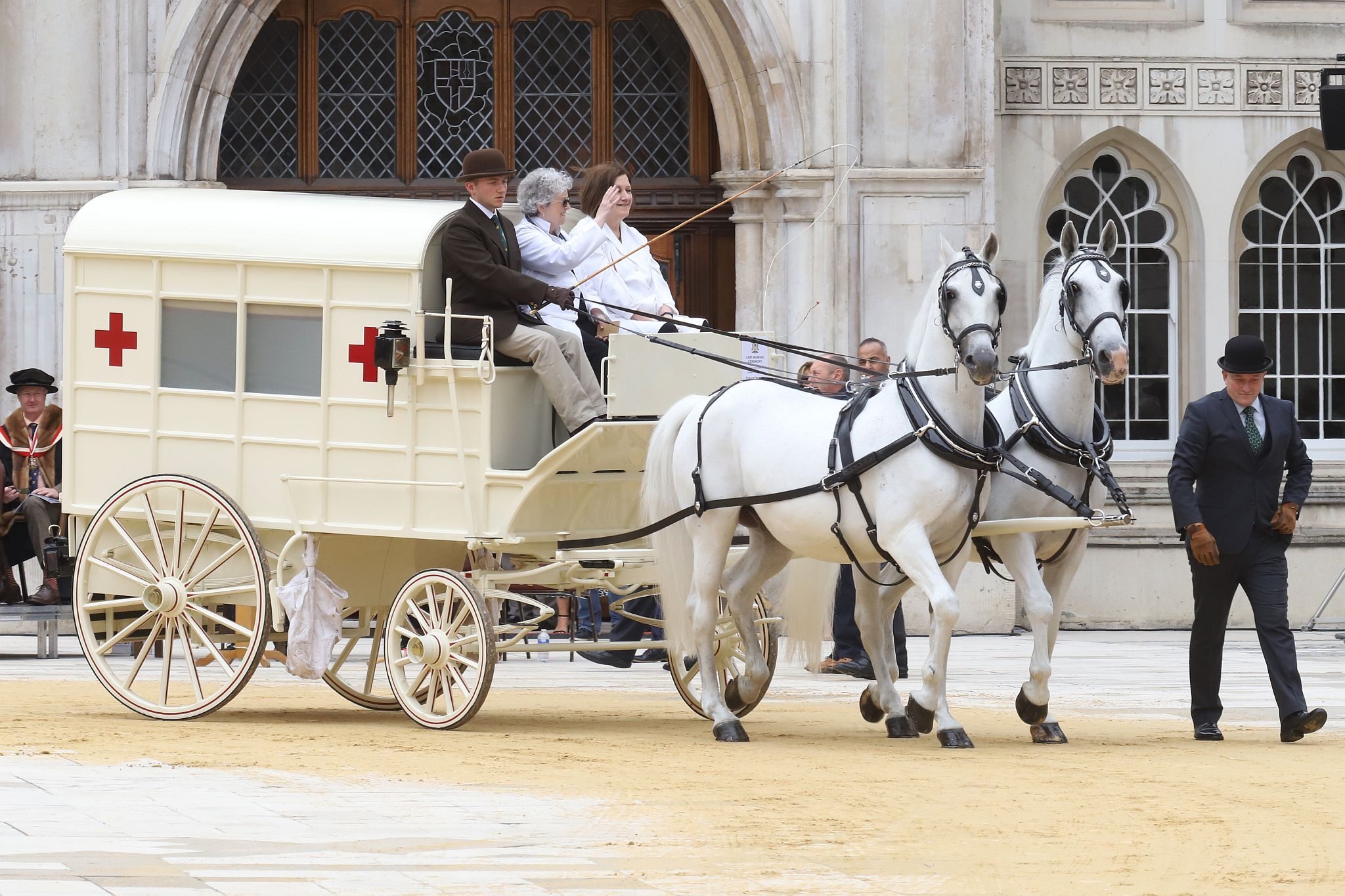 Horse drawn Ambulance. City of London 2023 Cart Marking in Guildhall Yard on 22-Jul-2023. Hosted by the Worshipful Company of Carmen with the Lord Mayor of the City of London in attendance. Wooden plates on the vehicles are branded with hot irons to allow them to ply for trade in the Square Mile. Another of the City Livery Company's annual ceremonies.