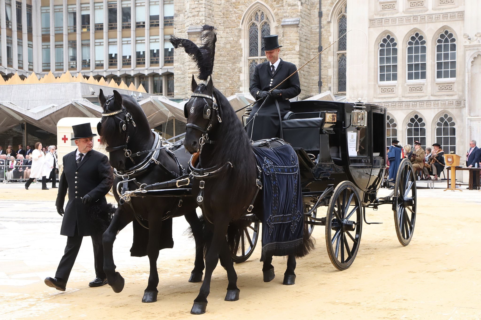 Horse Drawn Marsden Mourning Coach 1890. City of London 2023 Cart Marking in Guildhall Yard on 22-Jul-2023. Hosted by the Worshipful Company of Carmen with the Lord Mayor of the City of London in attendance. Wooden plates on the vehicles are branded with hot irons to allow them to ply for trade in the Square Mile. Another of the City Livery Company's annual ceremonies.