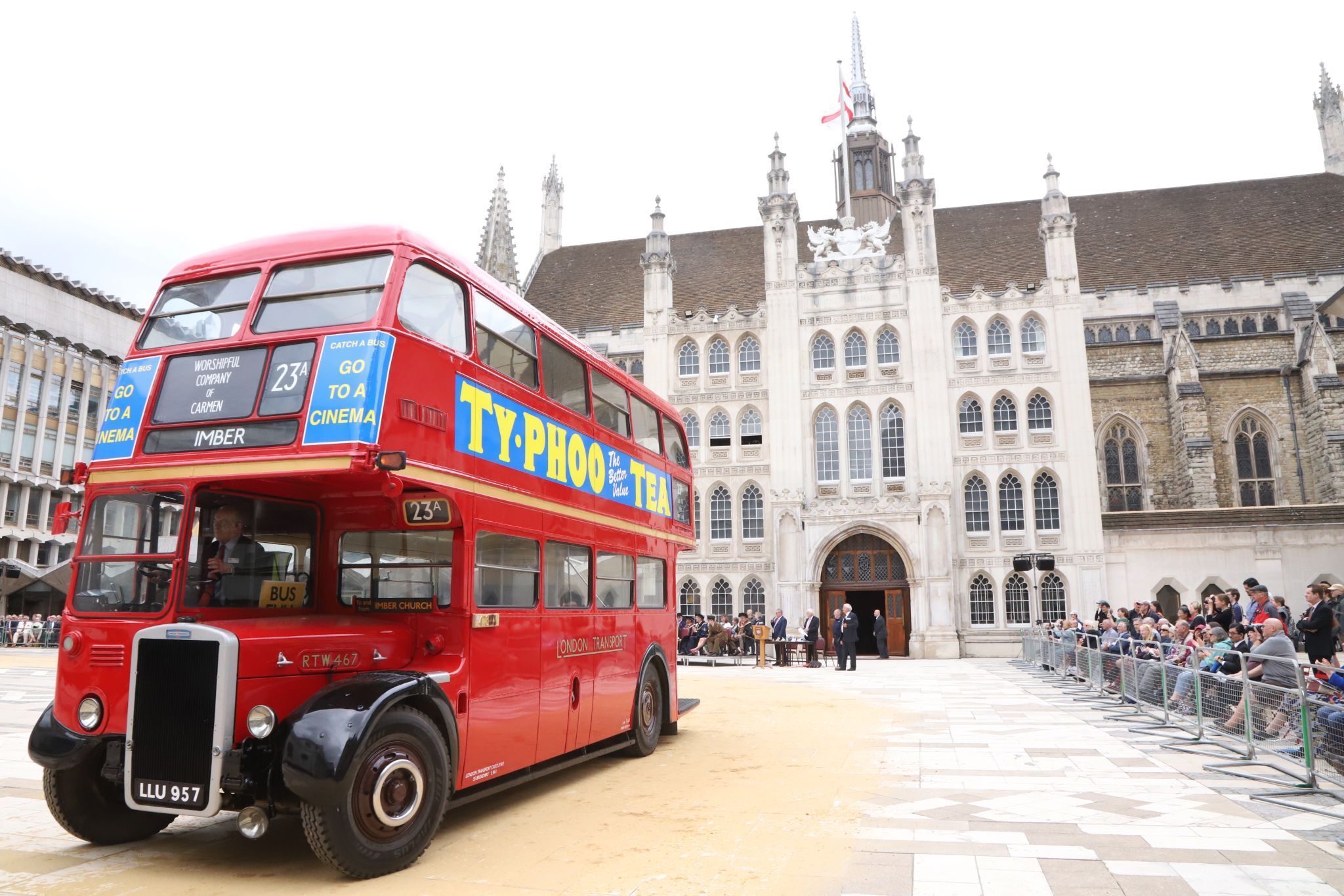 Leyland Titan 1950 LLU957. City of London 2023 Cart Marking in Guildhall Yard on 22-Jul-2023. Hosted by the Worshipful Company of Carmen with the Lord Mayor of the City of London in attendance. Wooden plates on the vehicles are branded with hot irons to allow them to ply for trade in the Square Mile. Another of the City Livery Company's annual ceremonies.