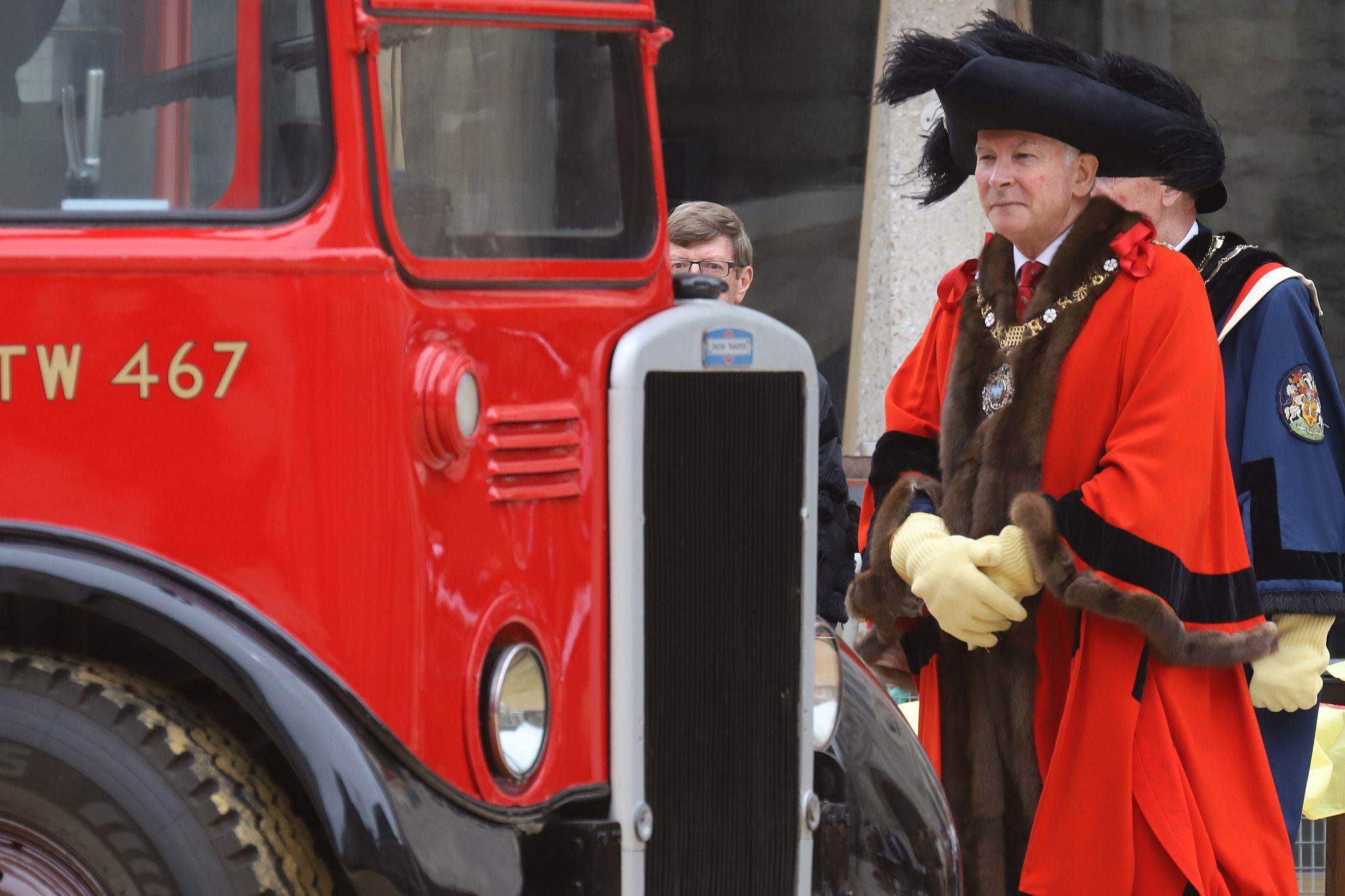 Lord Mayor (Nicholas Lyons) admires an exhibit. Leyland Titan 1950 LLU957. City of London 2023 Cart Marking in Guildhall Yard on 22-Jul-2023. Hosted by the Worshipful Company of Carmen with the Lord Mayor of the City of London in attendance. Wooden plates on the vehicles are branded with hot irons to allow them to ply for trade in the Square Mile. Another of the City Livery Company's annual ceremonies.