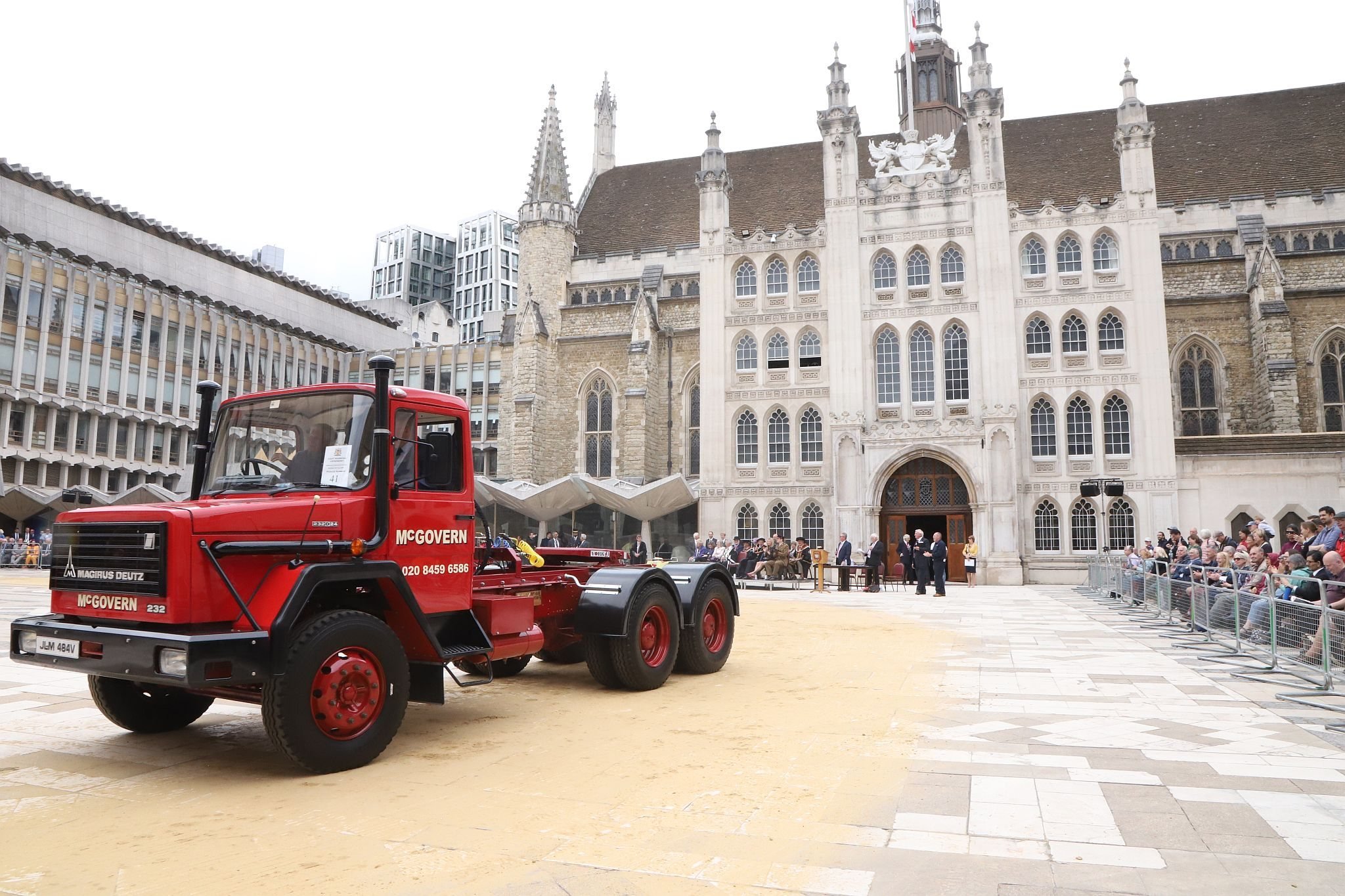 Magirus Deutz 1979 JLM484VCity of London 2023 Cart Marking in Guildhall Yard on 22-Jul-2023. Hosted by the Worshipful Company of Carmen with the Lord Mayor of the City of London in attendance. Wooden plates on the vehicles are branded with hot irons to allow them to ply for trade in the Square Mile. Another of the City Livery Company's annual ceremonies.