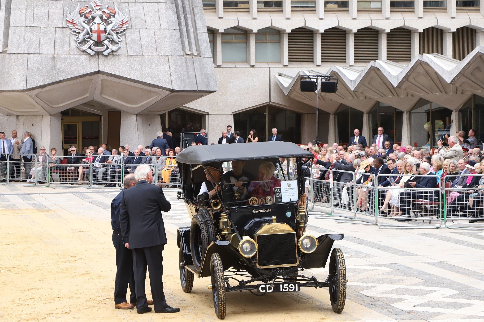 Model T Ford CD1591. City of London 2023 Cart Marking in Guildhall Yard on 22-Jul-2023. Hosted by the Worshipful Company of Carmen with the Lord Mayor of the City of London in attendance. Wooden plates on the vehicles are branded with hot irons to allow them to ply for trade in the Square Mile. Another of the City Livery Company's annual ceremonies.
