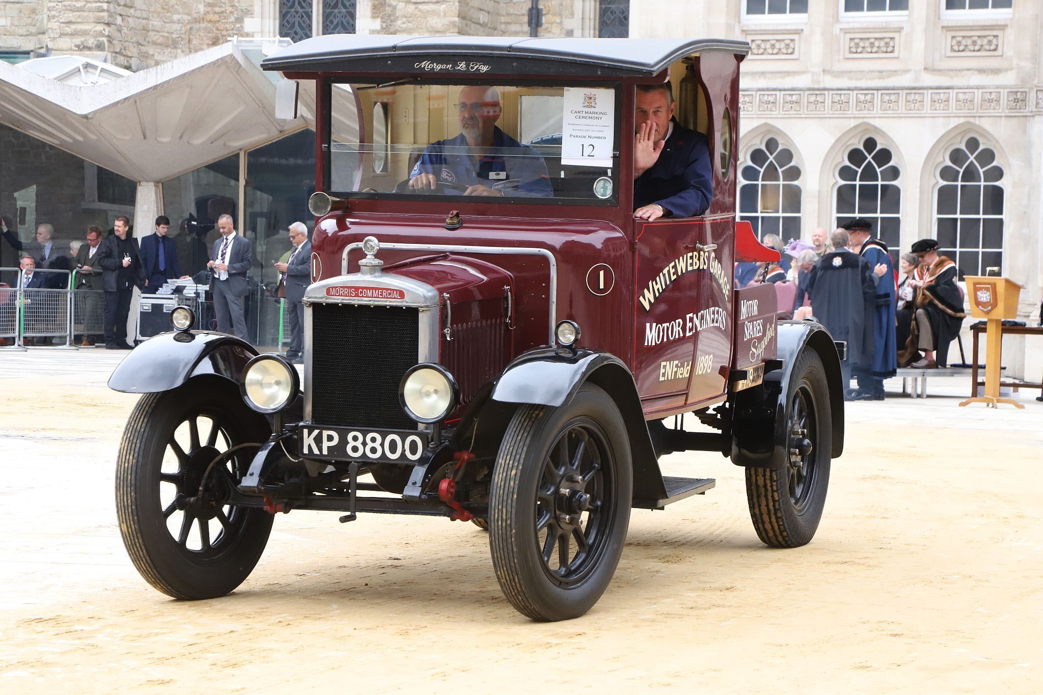 Morris Commercial 1929 KP8800. City of London 2023 Cart Marking in Guildhall Yard on 22-Jul-2023. Hosted by the Worshipful Company of Carmen with the Lord Mayor of the City of London in attendance. Wooden plates on the vehicles are branded with hot irons to allow them to ply for trade in the Square Mile. Another of the City Livery Company's annual ceremonies.