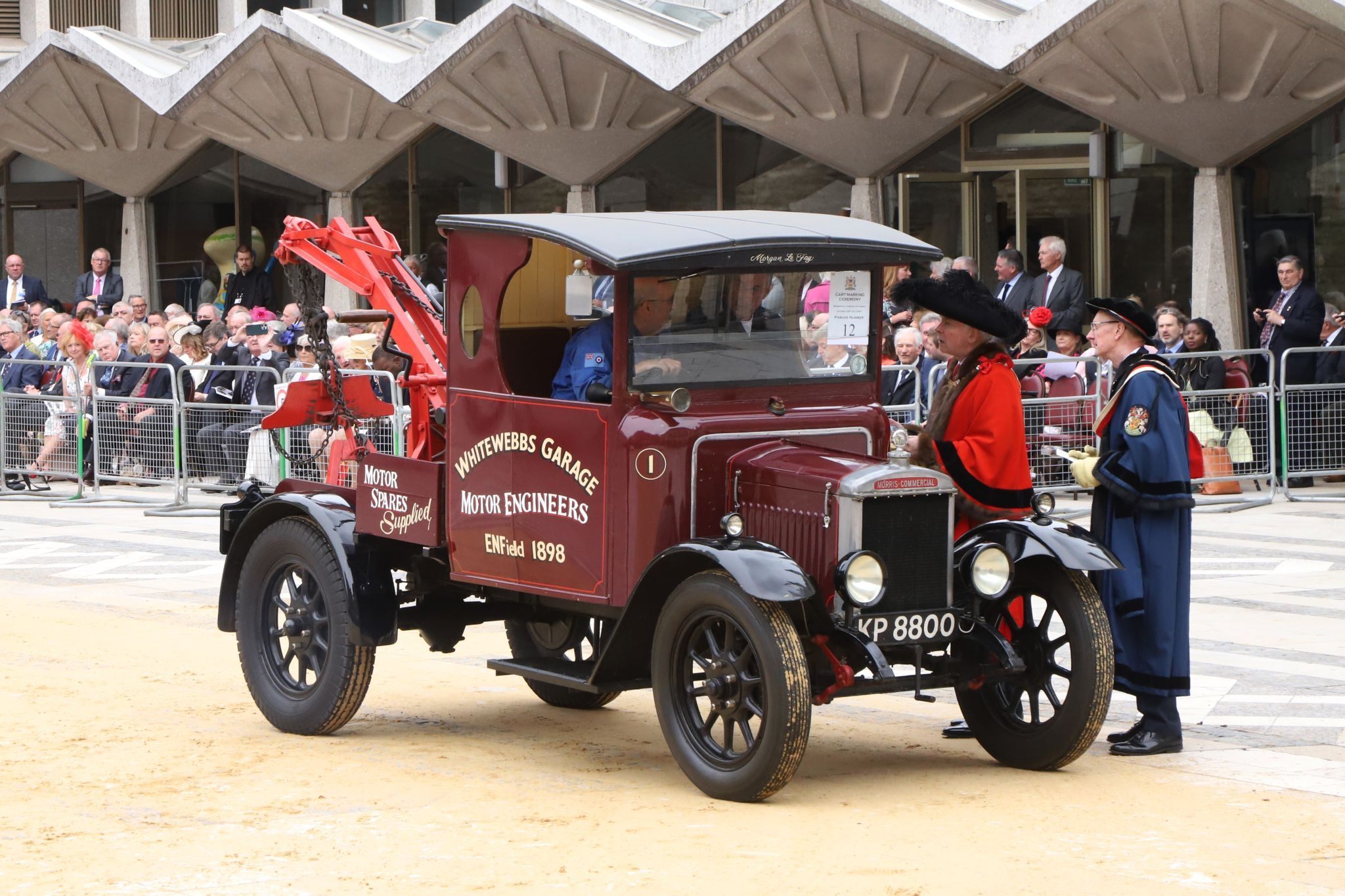 Morris Commercial 1929 KP8800. City of London 2023 Cart Marking in Guildhall Yard on 22-Jul-2023. Hosted by the Worshipful Company of Carmen with the Lord Mayor of the City of London in attendance. Wooden plates on the vehicles are branded with hot irons to allow them to ply for trade in the Square Mile. Another of the City Livery Company's annual ceremonies.