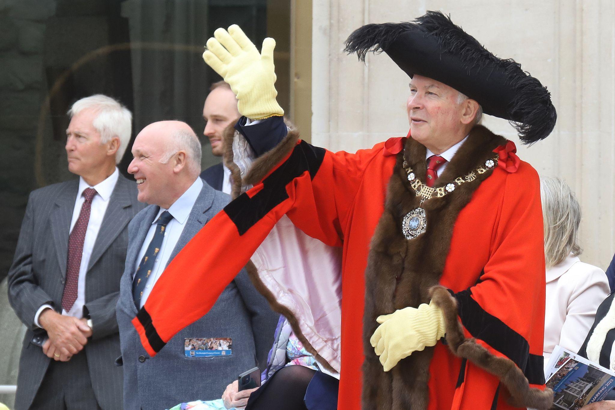 The Lord Mayor, Nicholas Lyons, greets the exhibitors. City of London 2023 Cart Marking in Guildhall Yard on 22-Jul-2023. Hosted by the Worshipful Company of Carmen with the Lord Mayor of the City of London in attendance. Wooden plates on the vehicles are branded with hot irons to allow them to ply for trade in the Square Mile. Another of the City Livery Company's annual ceremonies.
