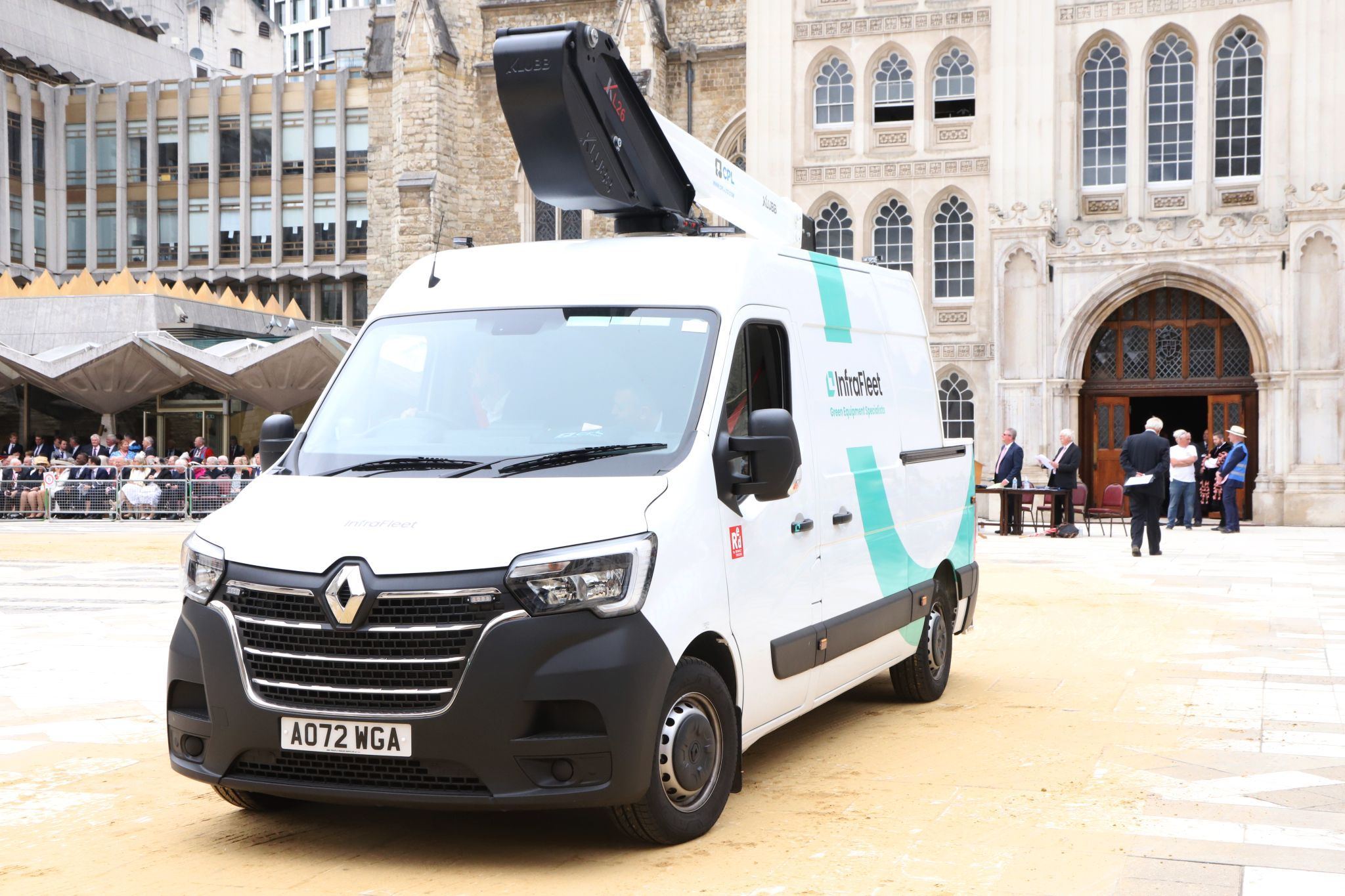 Renault Master E 2022 AO72WGA. City of London 2023 Cart Marking in Guildhall Yard on 22-Jul-2023. Hosted by the Worshipful Company of Carmen with the Lord Mayor of the City of London in attendance. Wooden plates on the vehicles are branded with hot irons to allow them to ply for trade in the Square Mile. Another of the City Livery Company's annual ceremonies.