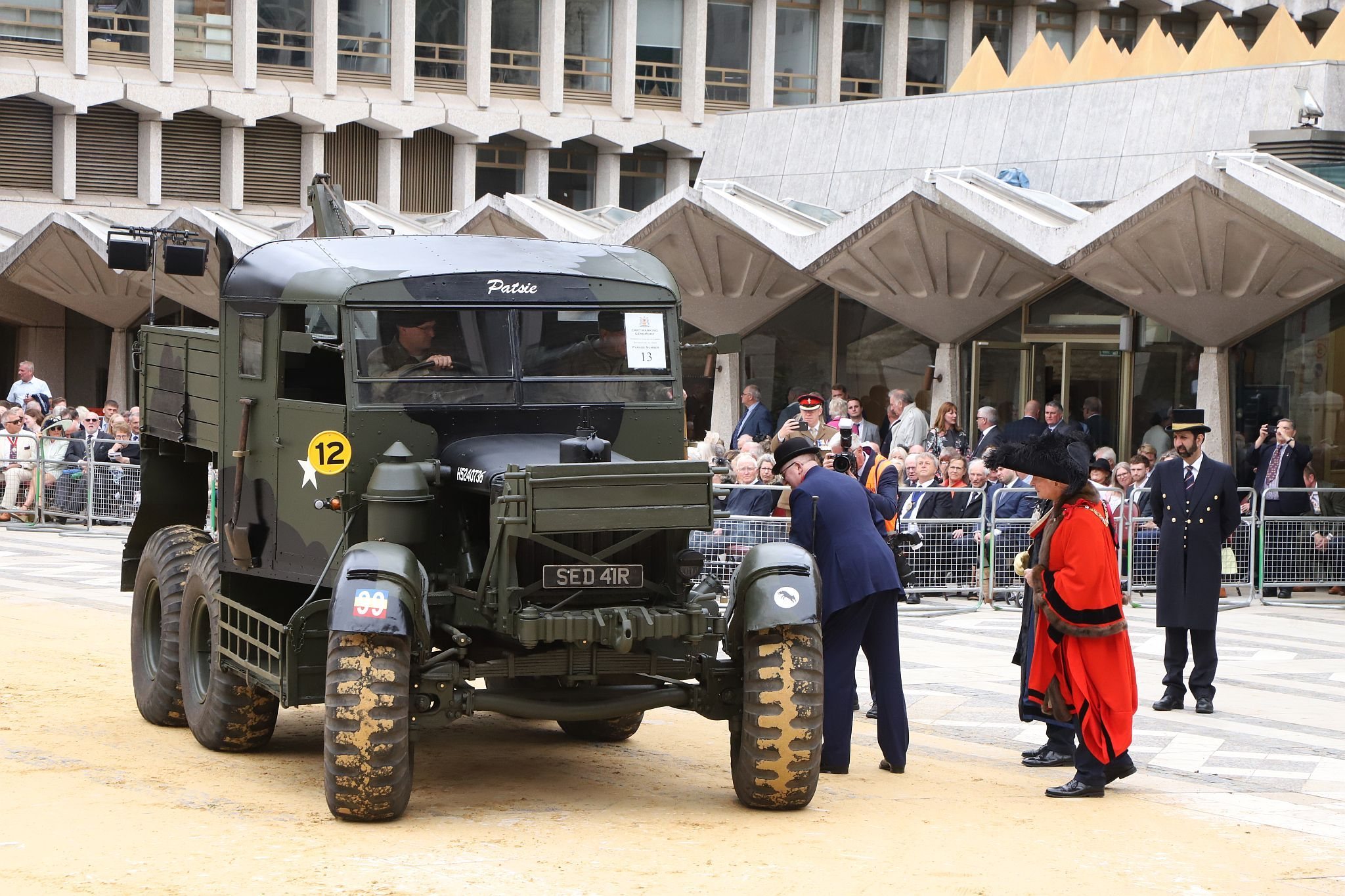 Scammel 1943 SED41R. City of London 2023 Cart Marking in Guildhall Yard on 22-Jul-2023. Hosted by the Worshipful Company of Carmen with the Lord Mayor of the City of London in attendance. Wooden plates on the vehicles are branded with hot irons to allow them to ply for trade in the Square Mile. Another of the City Livery Company's annual ceremonies.