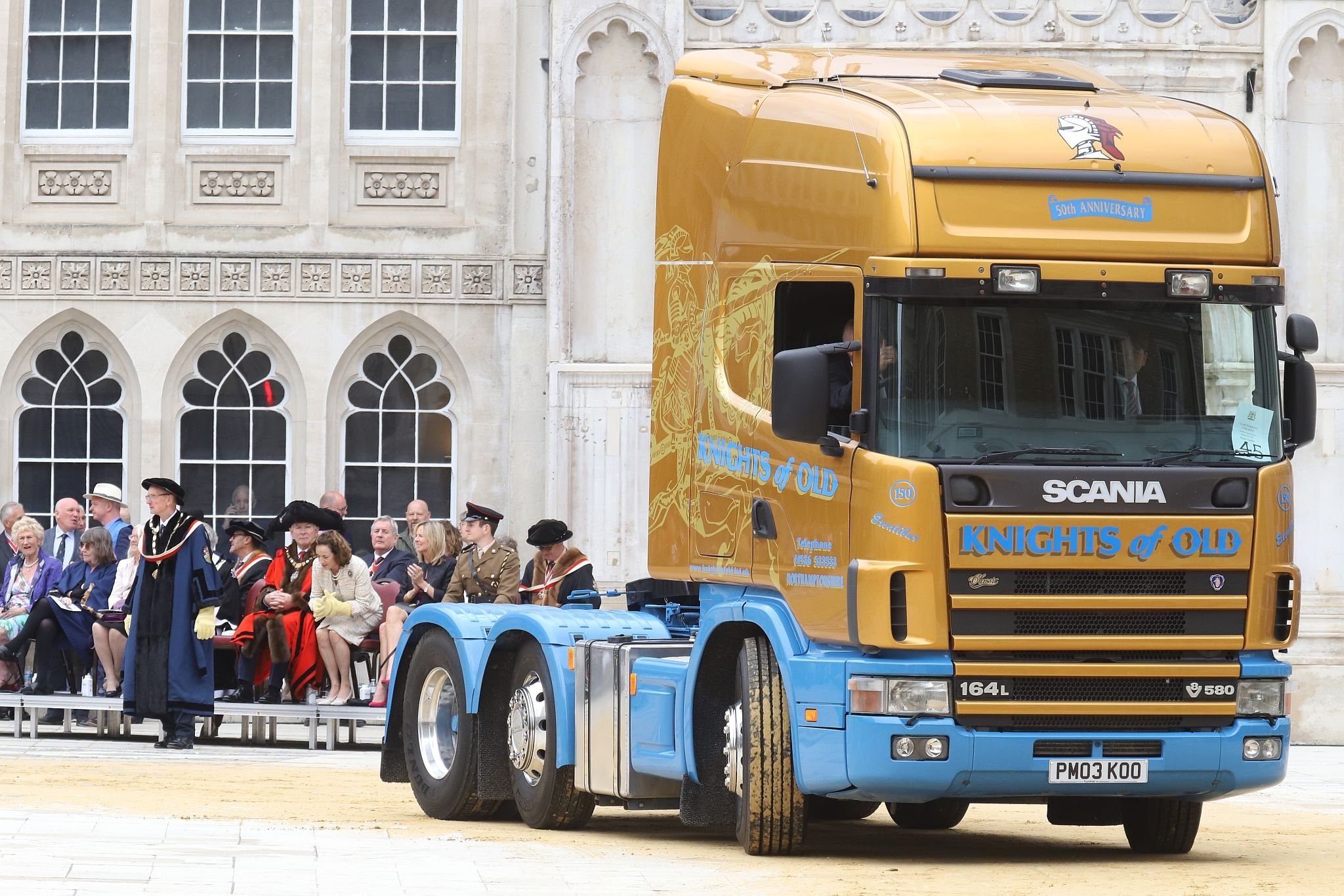 Scania 184L PM03KOO. City of London 2023 Cart Marking in Guildhall Yard on 22-Jul-2023. Hosted by the Worshipful Company of Carmen with the Lord Mayor of the City of London in attendance. Wooden plates on the vehicles are branded with hot irons to allow them to ply for trade in the Square Mile. Another of the City Livery Company's annual ceremonies.