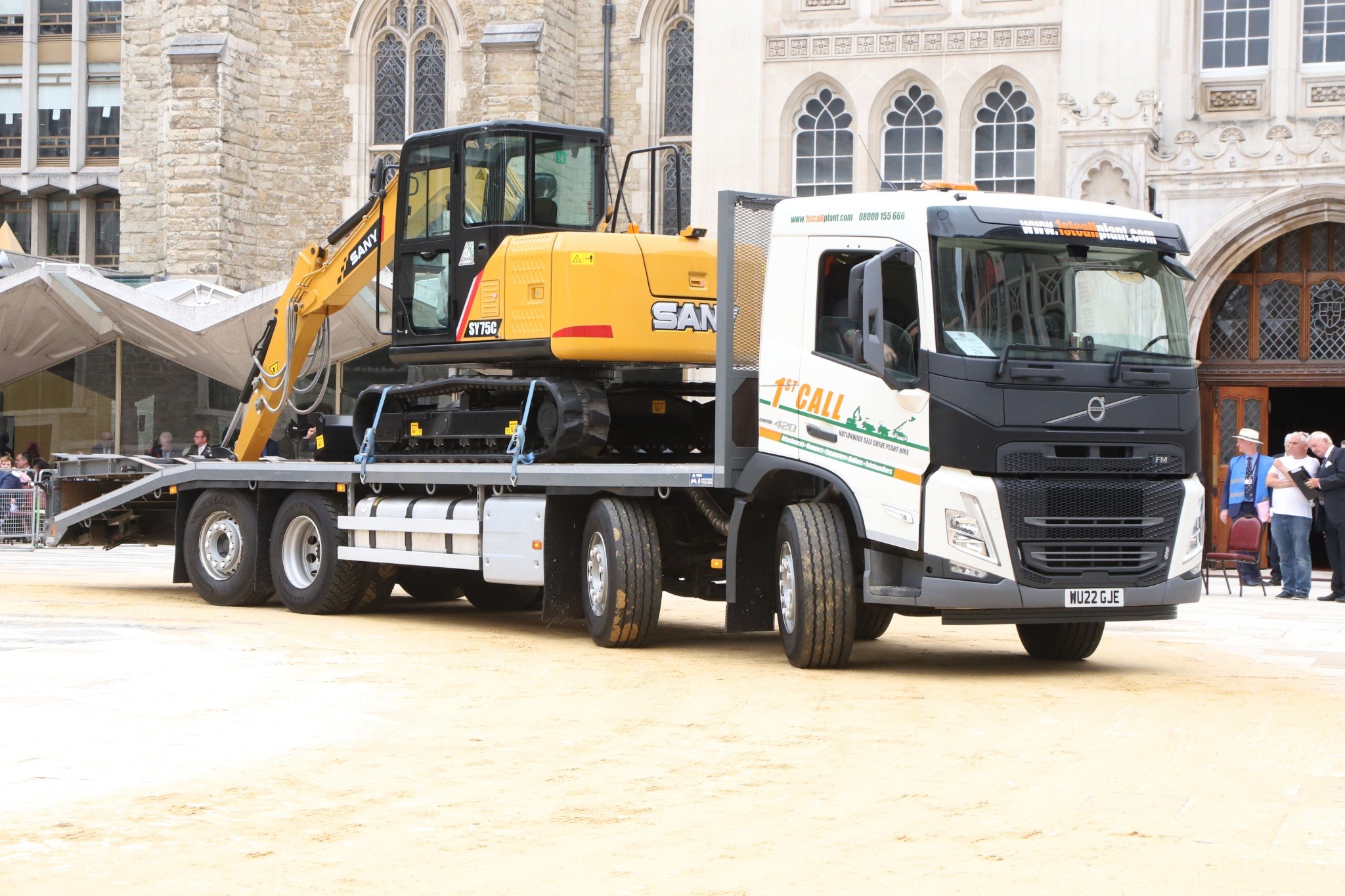 Volvo FM WU22GJE. City of London 2023 Cart Marking in Guildhall Yard on 22-Jul-2023. Hosted by the Worshipful Company of Carmen with the Lord Mayor of the City of London in attendance. Wooden plates on the vehicles are branded with hot irons to allow them to ply for trade in the Square Mile. Another of the City Livery Company's annual ceremonies.