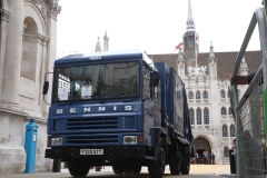 Dennis Bin Lorry 1984 F230GTT. City of London 2023 Cart Marking in Guildhall Yard on 22-Jul-2023. Hosted by the Worshipful Company of Carmen with the Lord Mayor of the City of London in attendance. Wooden plates on the vehicles are branded with hot irons to allow them to ply for trade in the Square Mile. Another of the City Livery Company's annual ceremonies.