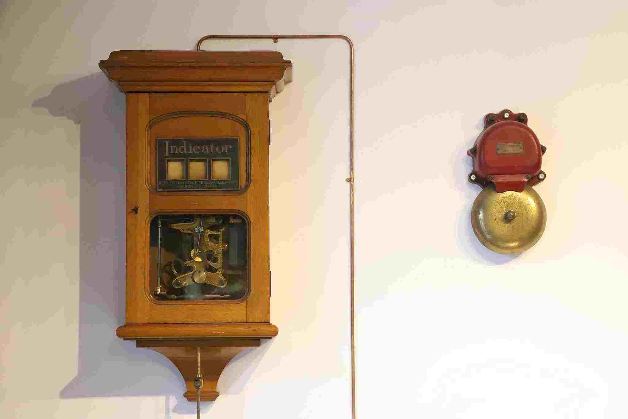 Beasley-Gamewell fire/police alarm telegraph system from c1890 at The Clockworks in West Norwood. Photo 02-Sep-2023.