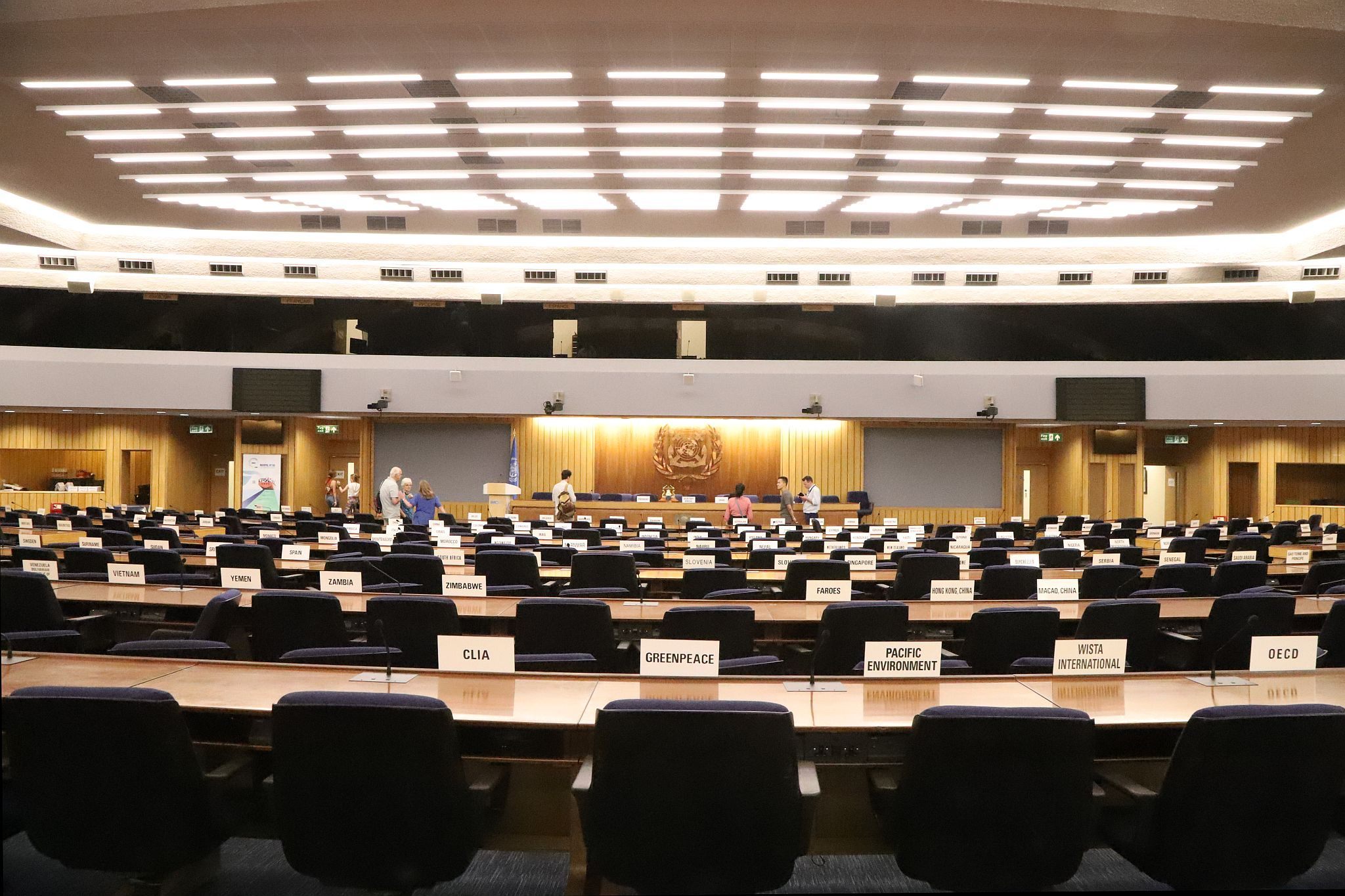 IMO Assembly room. The International Maritime Organization - IMO - in Lambeth, London. Photo taken 10-Sep-2023 during London Open House Weekend.