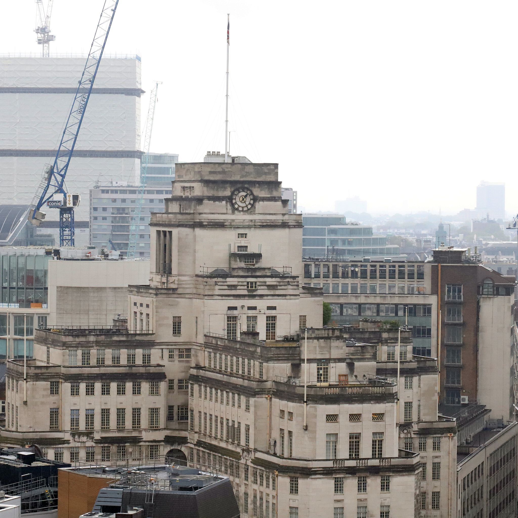 55 Broadway, London Underground Headquarters. View from the balcony of the dome on Methodist Central Hall. 17-Sep-2023.