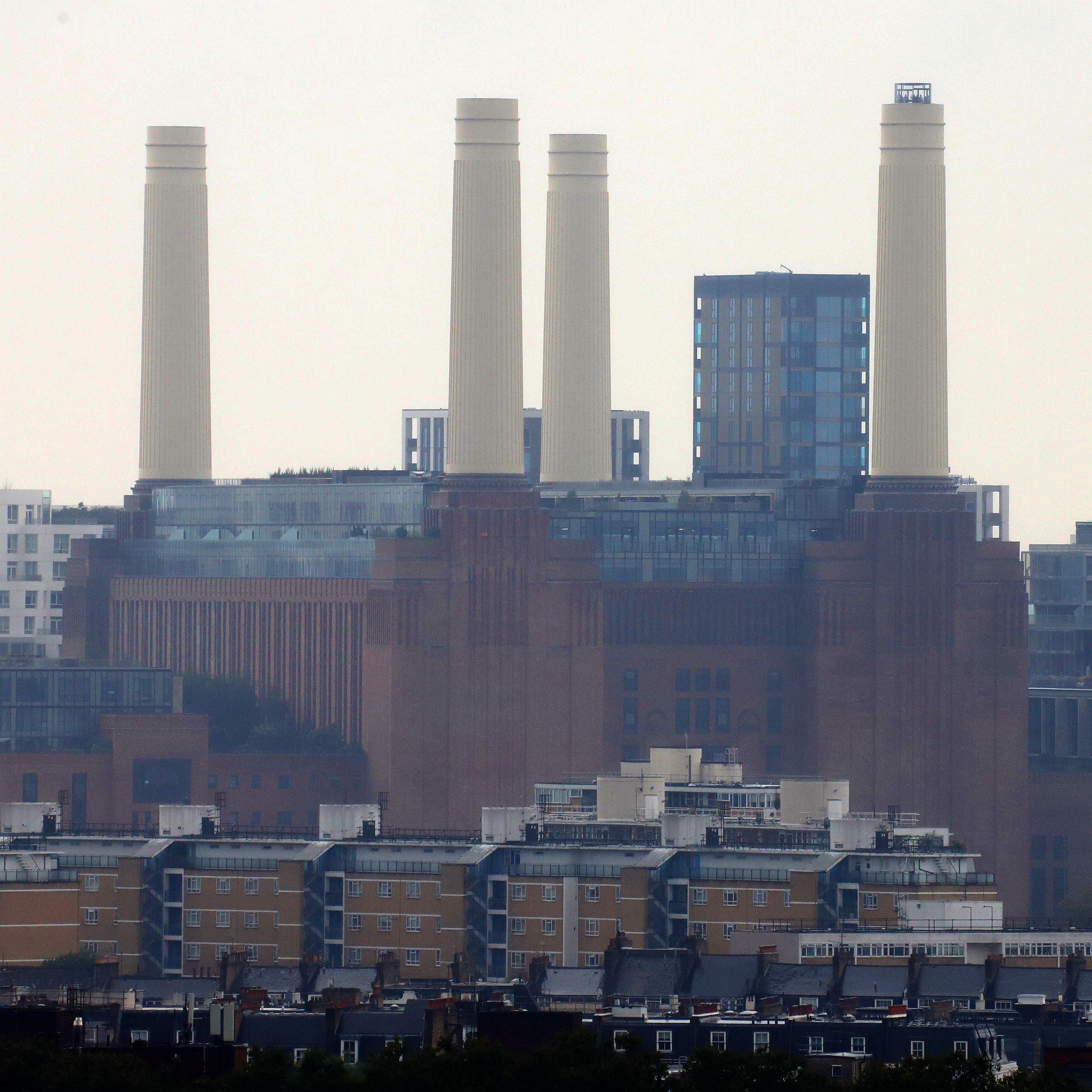 Battersea Power Station with the Lift 109 at the top of the chimney on the right. View from the balcony of the dome on Methodist Central Hall. 17-Sep-2023.