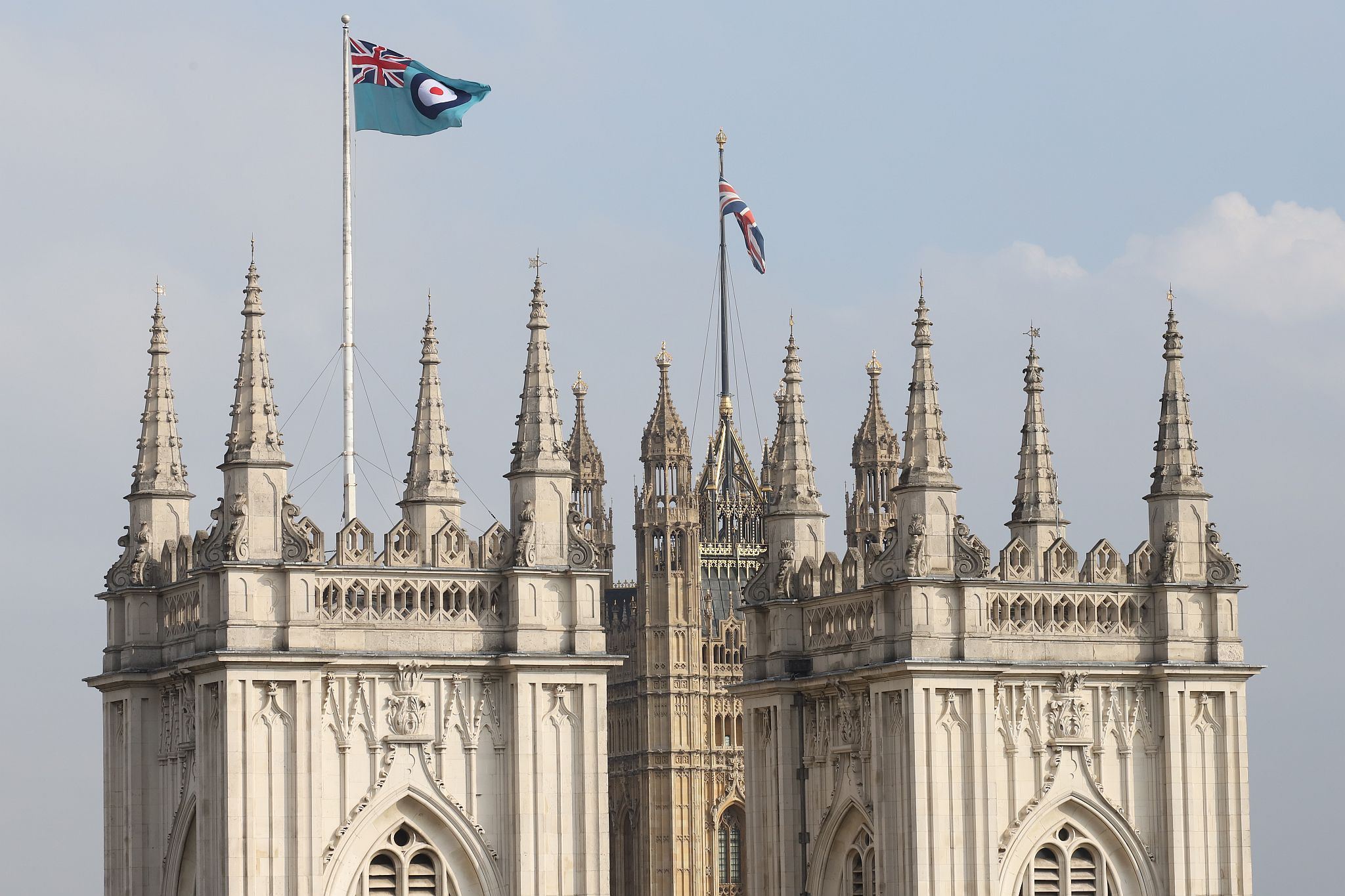 Royal Air Force ensign (flag) flying from Westminster Abbey for Battle of Britain Sunday. View from the balcony of the dome on Methodist Central Hall. 17-Sep-2023.