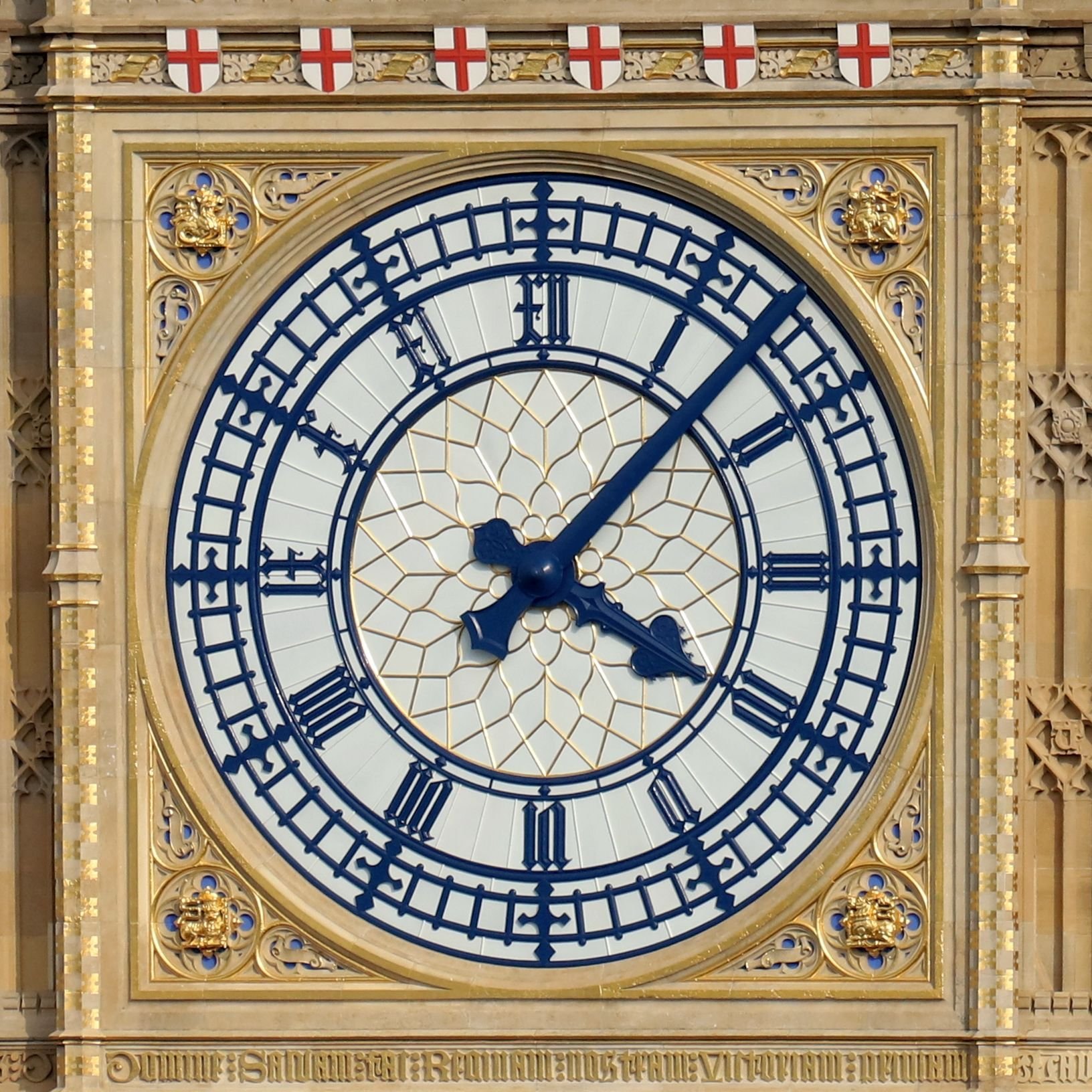 The West clock of the Elizabeth Tower, formerly known as the Clock Tower, at the Houses of Parliament and known by lots of people as Big Ben. View from the balcony of the dome on Methodist Central Hall. 17-Sep-2023.