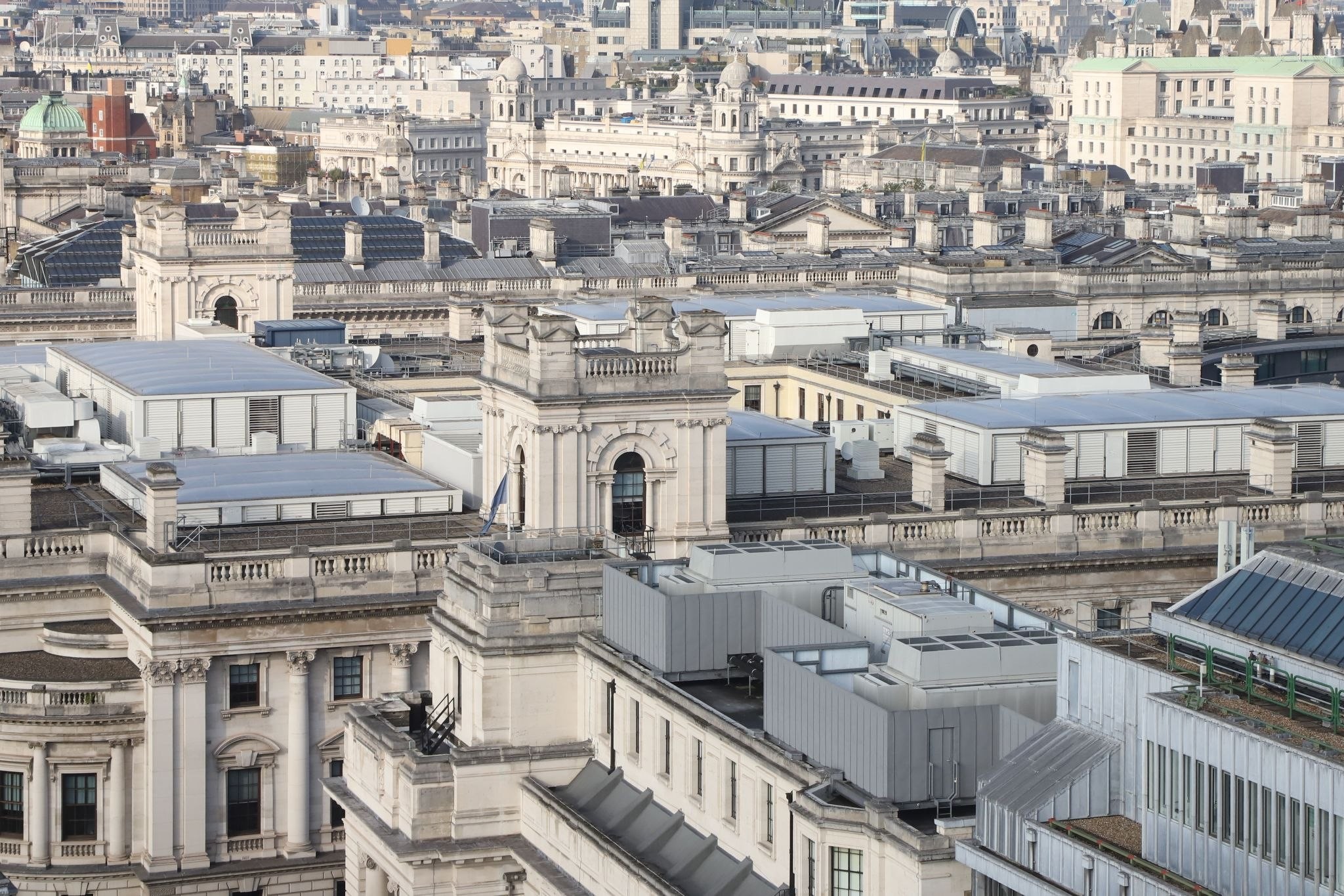 Looking across the rooftops of Whitehall. HM Treasury, Foreign and Commonwealth Office, Downing Street, Horse Guards Parade. View from the balcony of the dome on Methodist Central Hall. 17-Sep-2023.